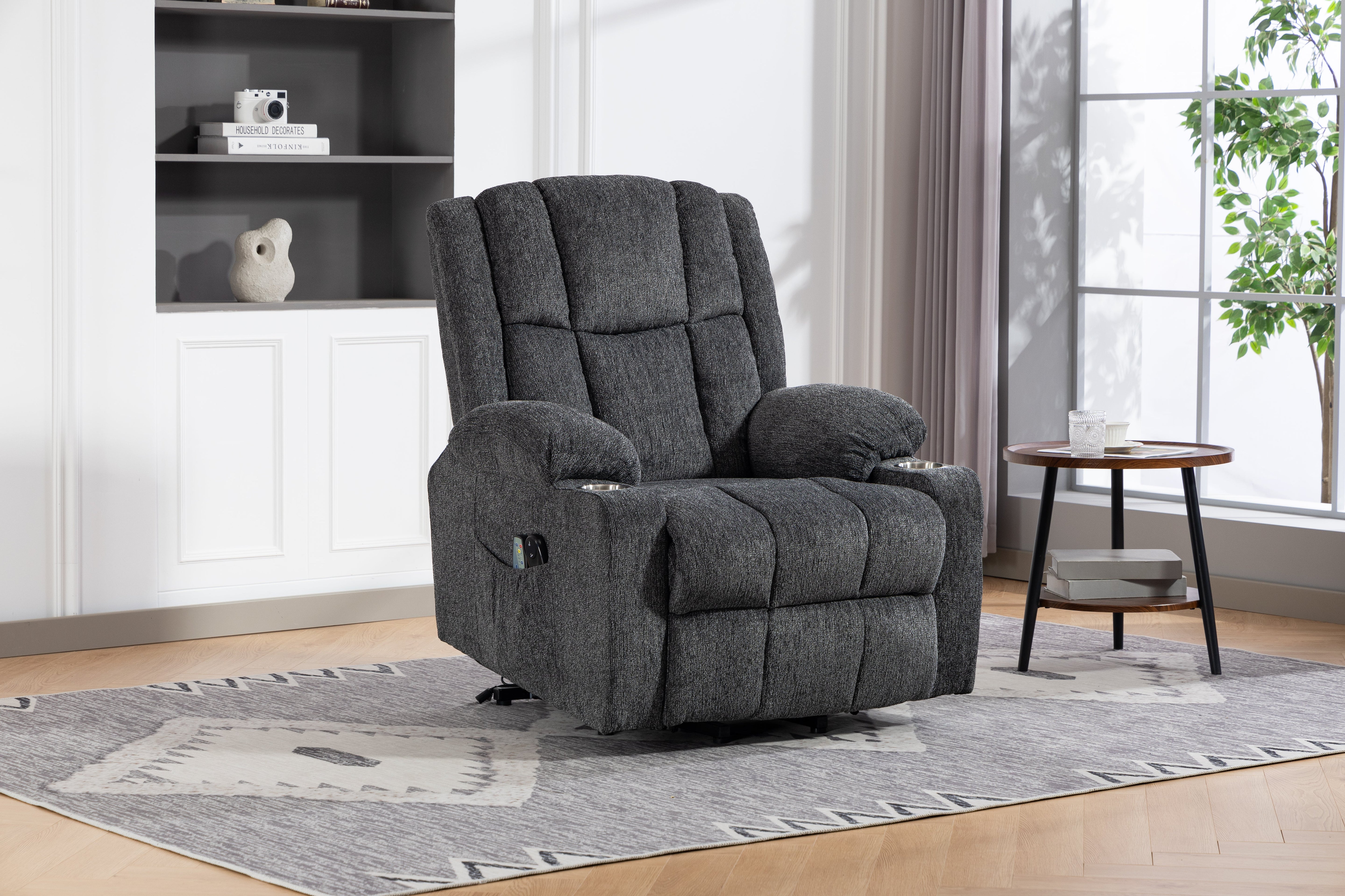 Electric Armchair Lift Assist Massage Heat Footrest Cup Holder - Dark Grey
