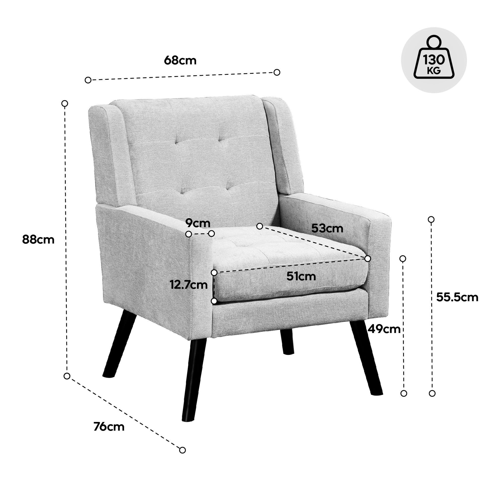 Upholstered Armchair with Buttoned Padding and Solid Wood Legs, Suede Black