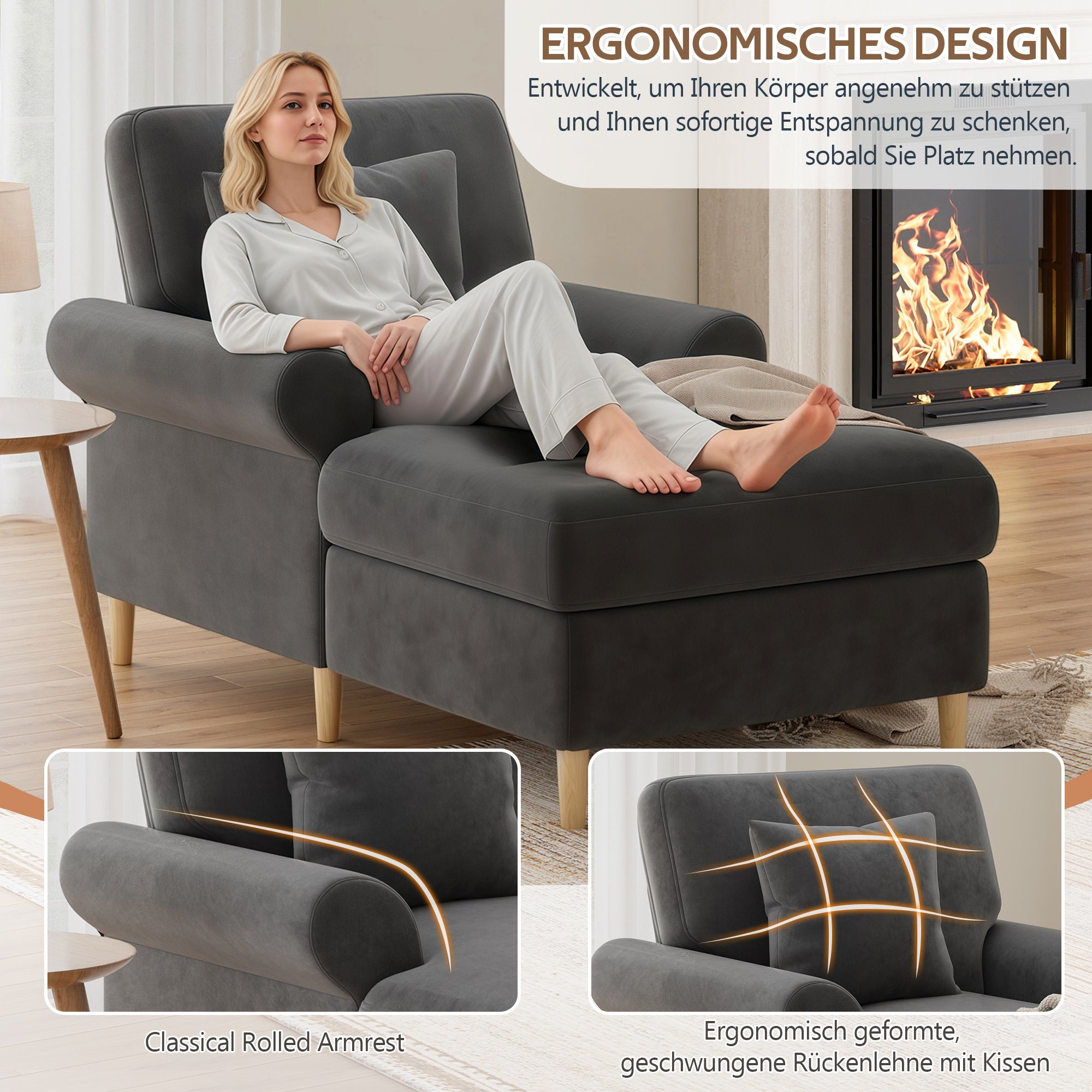 Upholstered Recliner Folding Sleeper Chair for Living Room/Bedroom, Velvet, Grey