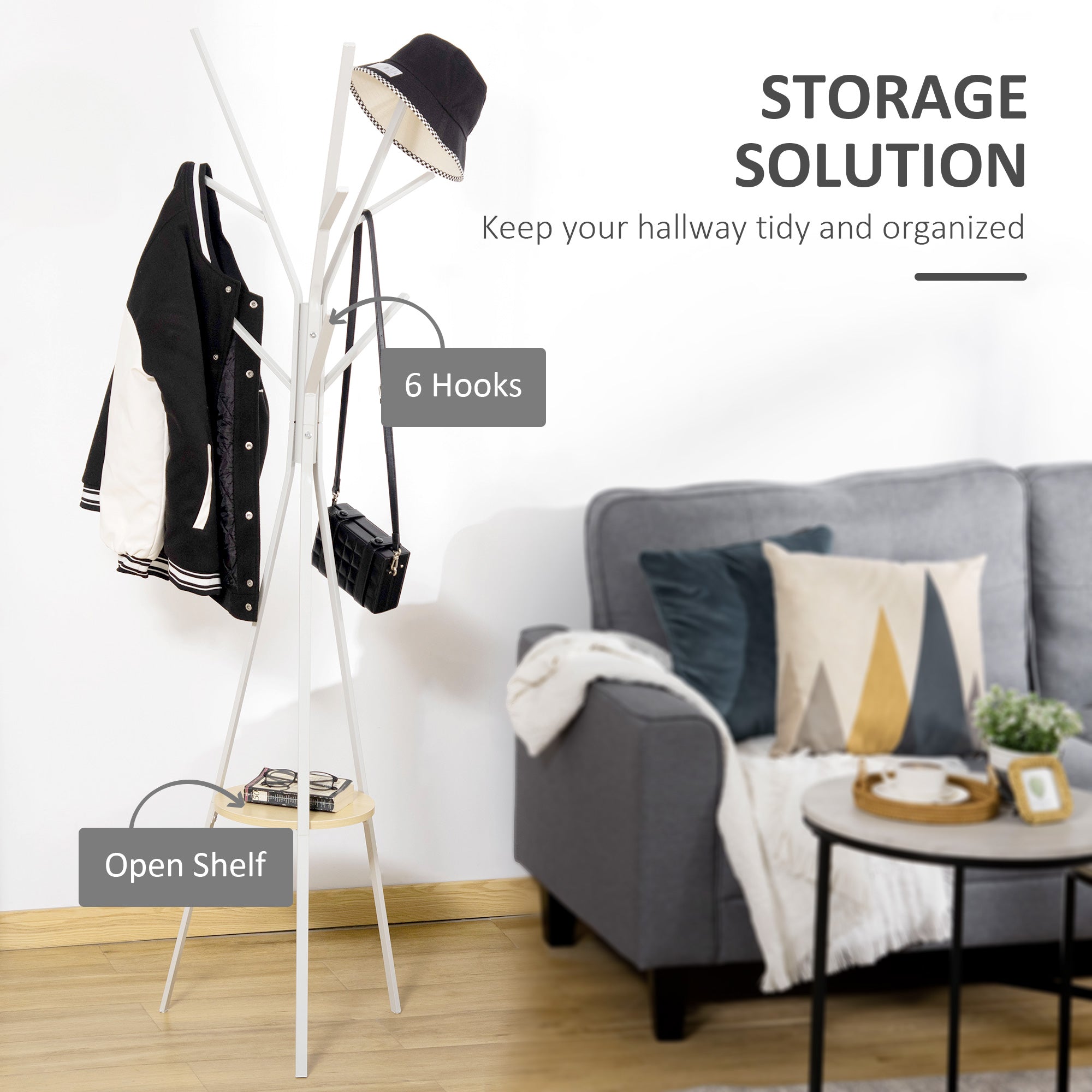 Freestanding Coat Rack Stand 9 Hooks 1 Shelf Metal White