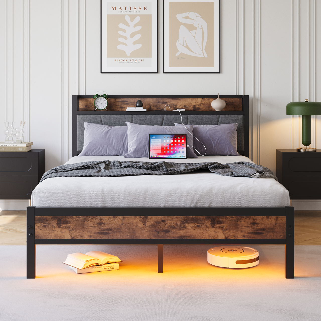 Bed Frame 120x200cm, Smart LED/USB Headboard, Heavy-Duty Metal Slatted Platform