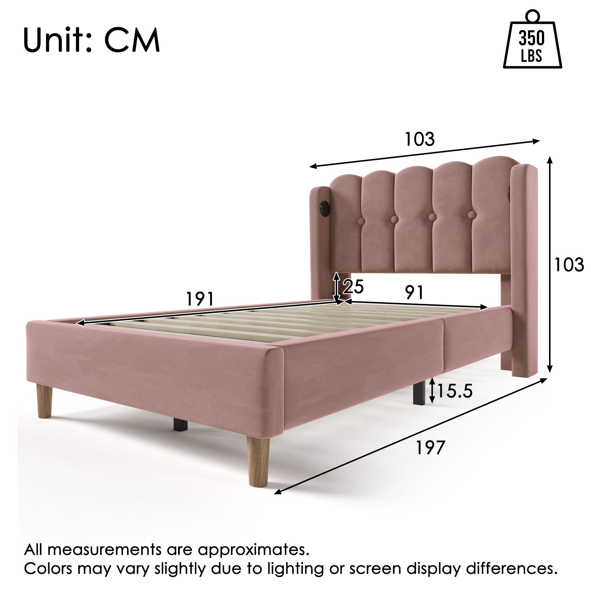 Upholstered Single Bed with USB and Type-C Charging, Pink, Velvet Material