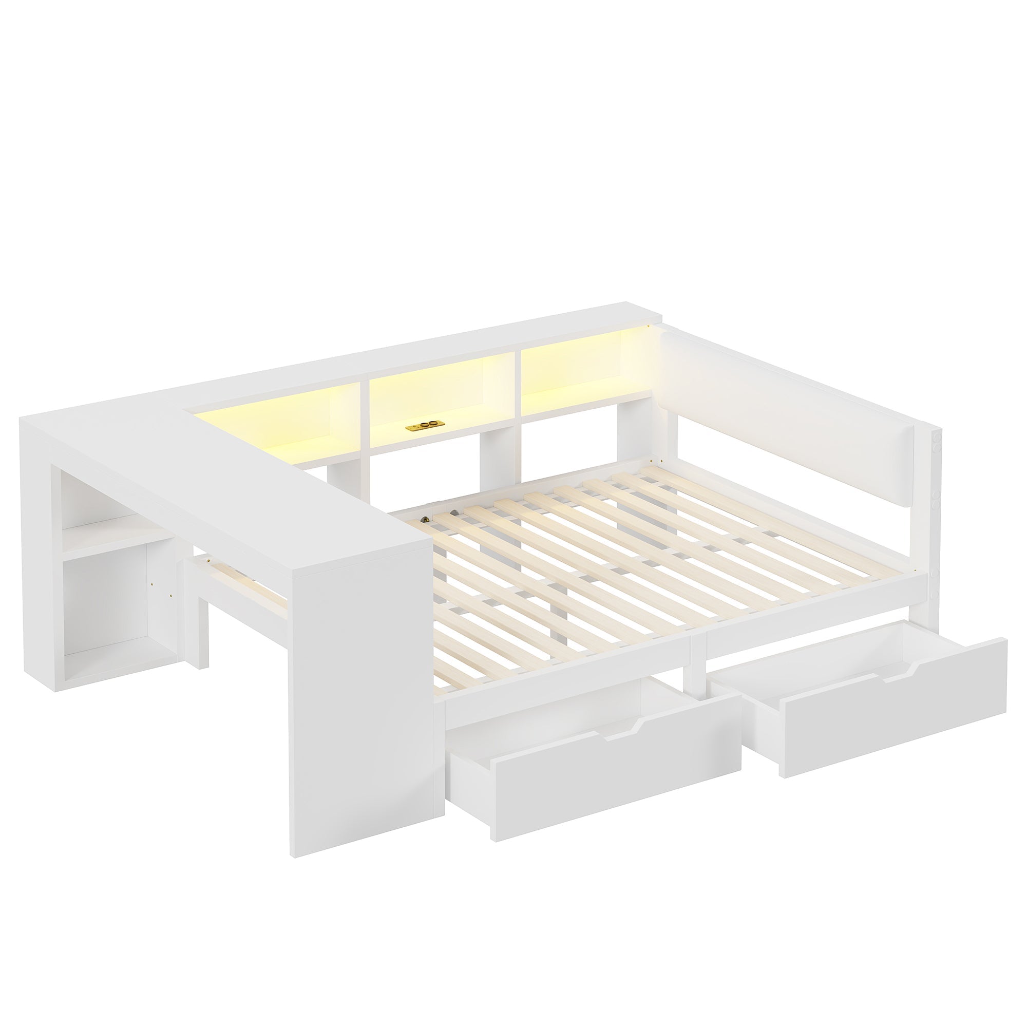 Platform Bed 140x200 Upholstered Headboard Storage Drawers LED Charge Station - White