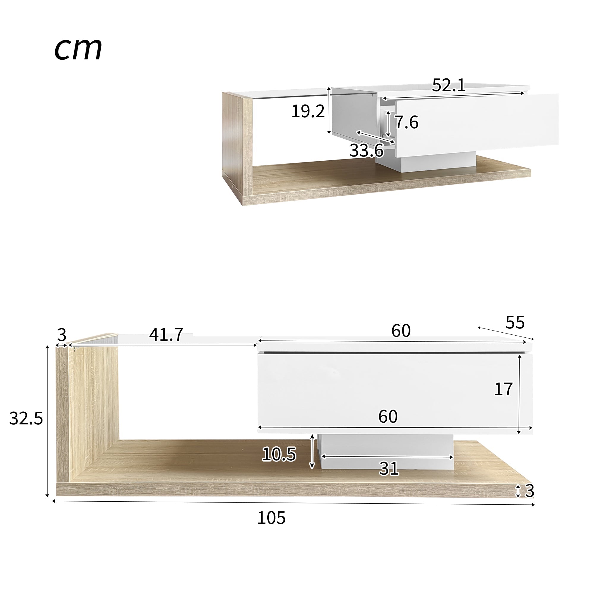 Coffee Table, High-Gloss White & Wood with Glass and LED Effect