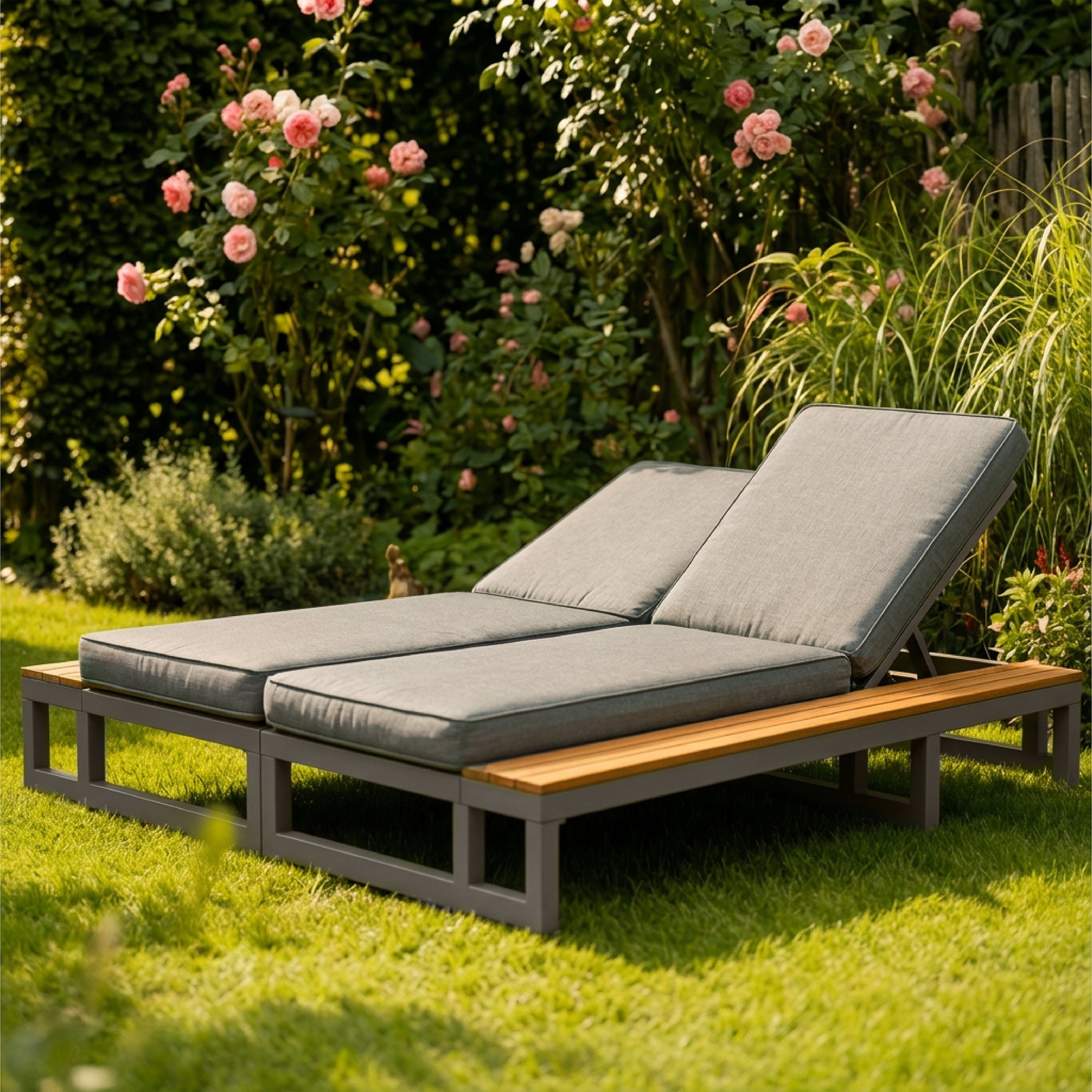Outdoor Patio Daybed with Adjustable Backrest and Side Shelves, Waterproof Double Lounger, Gray