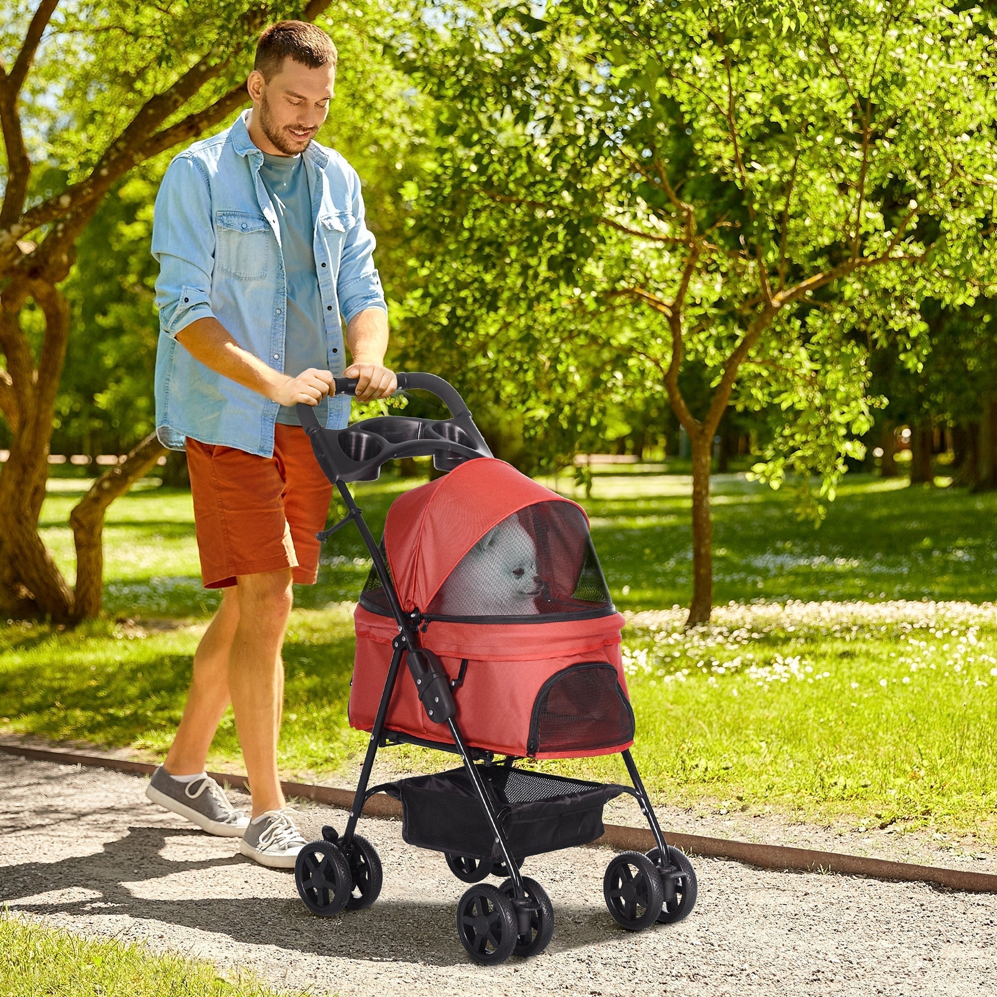 Dog Buggy Foldable Small Dogs & Cats, Oxford Red