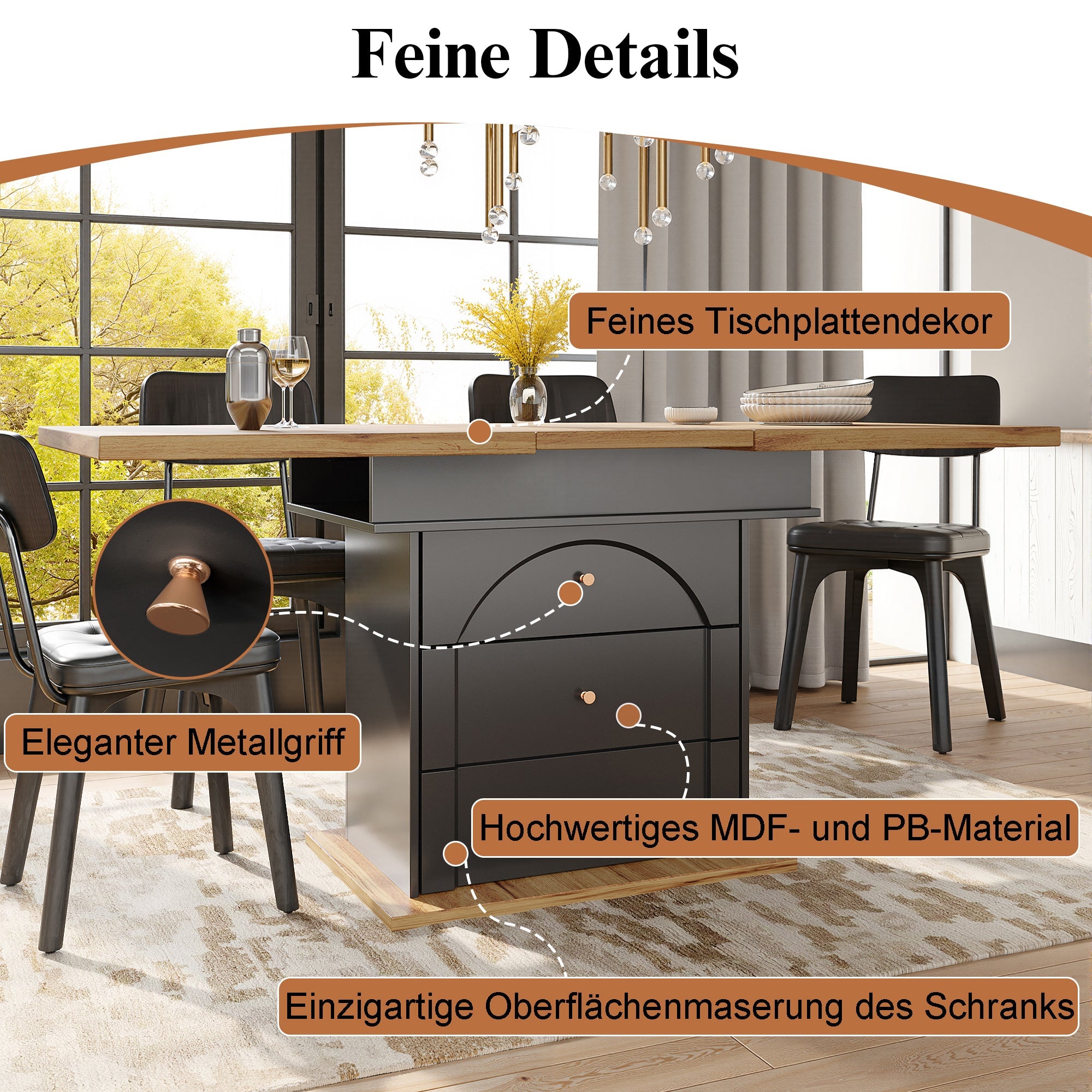 Telescopic Dining Table, 110-140 x 80 cm, Extendable for 4-6 People, Minimalist Design, Black