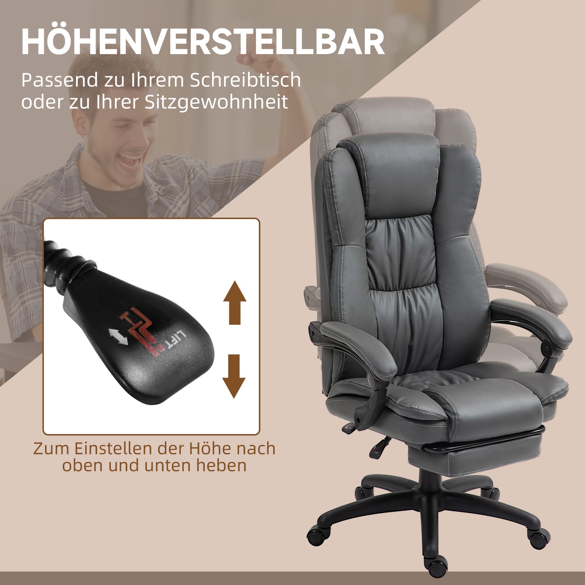 Office Chair Executive Swivel Height Adjustable Footrest Headrest Reclining Massage Dark Grey Faux Leather