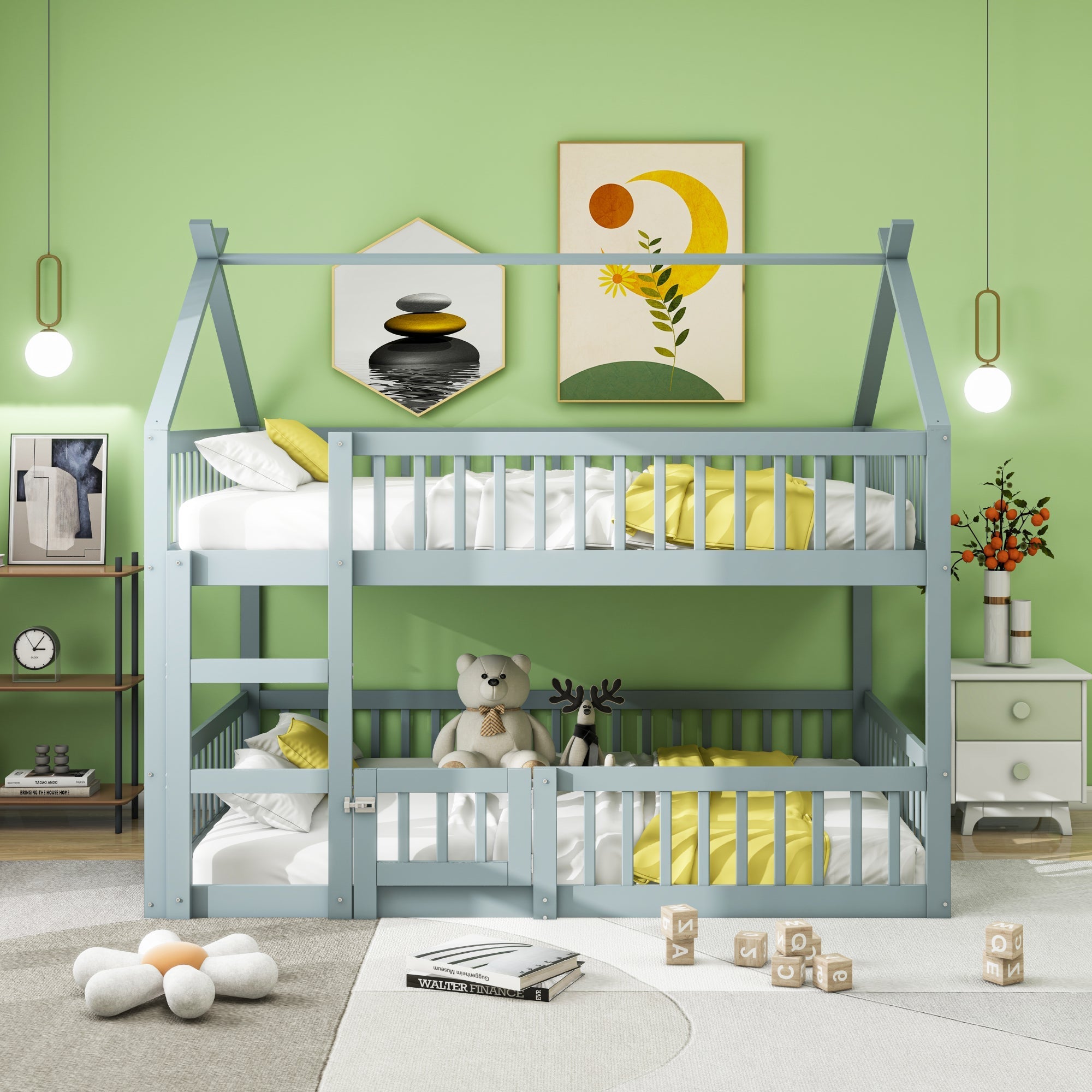 Bunk Bed, 140x200cm Family Bed with Stairs, Solid Wood, Grey