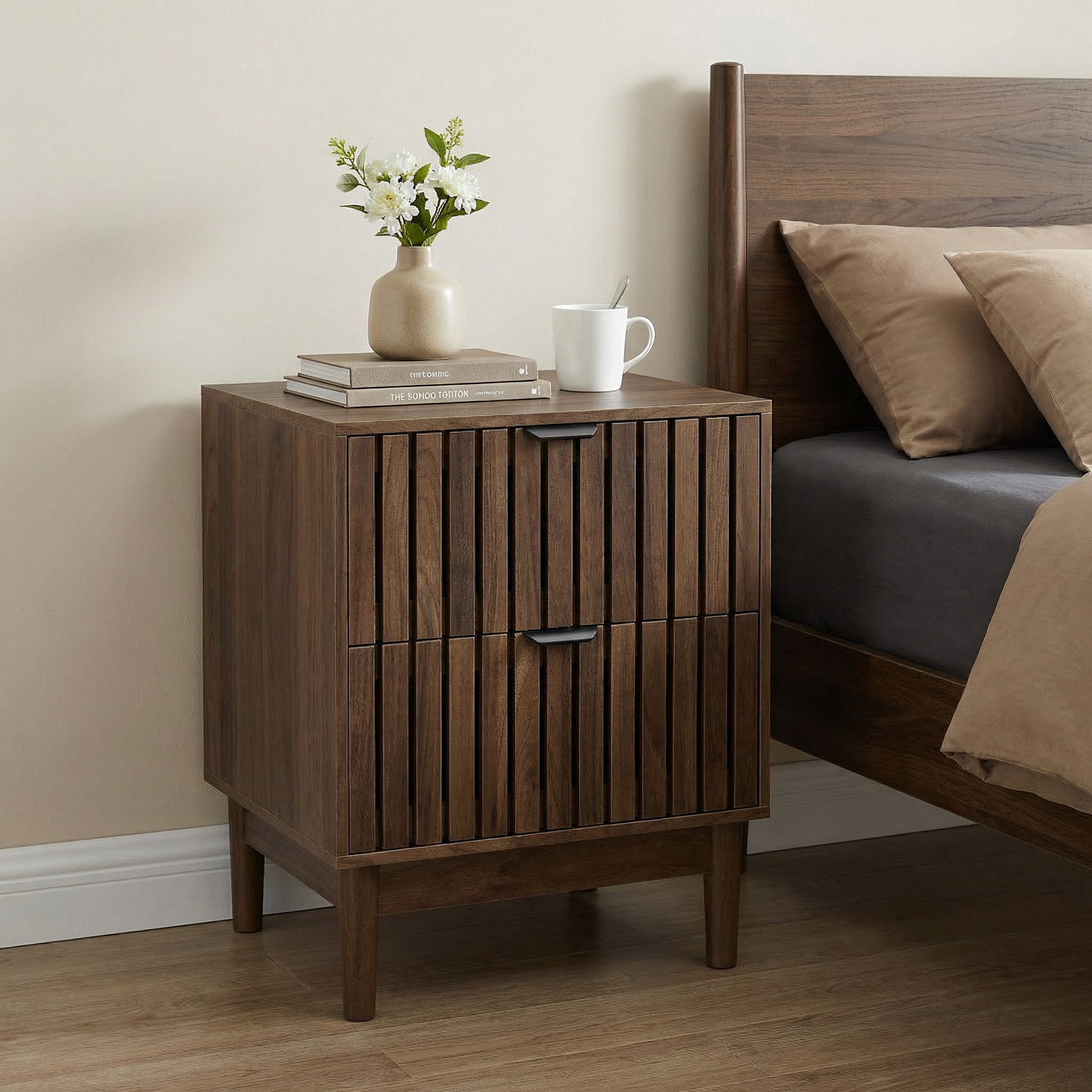 Mid-Century Modern Nightstand with Two Drawers and Slatted Design, 45 x 39 x 56.5 cm, Walnut Wood