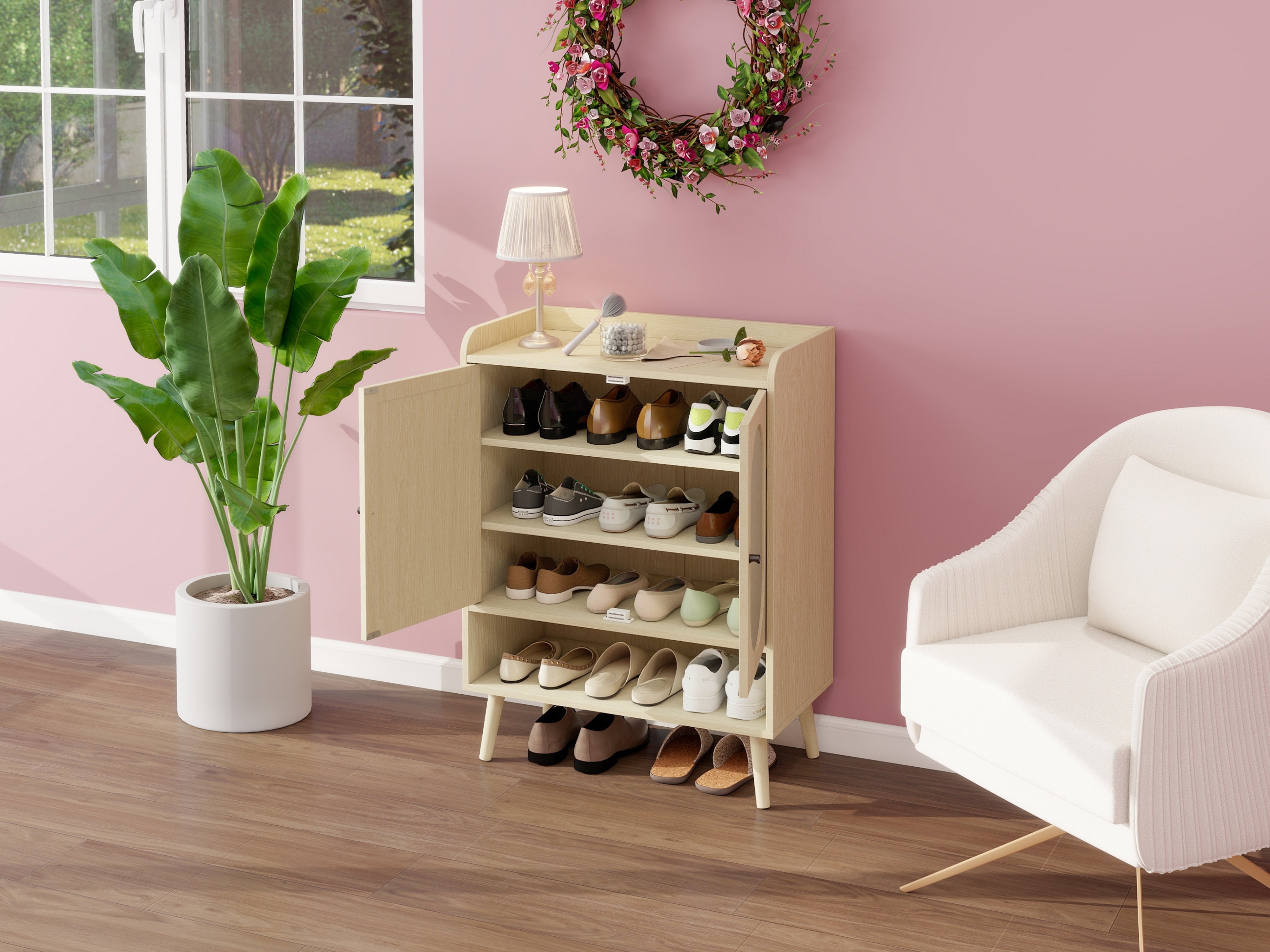 Shoe Cabinet with Double Doors, Storage & Open Shelf, Natural Rattan
