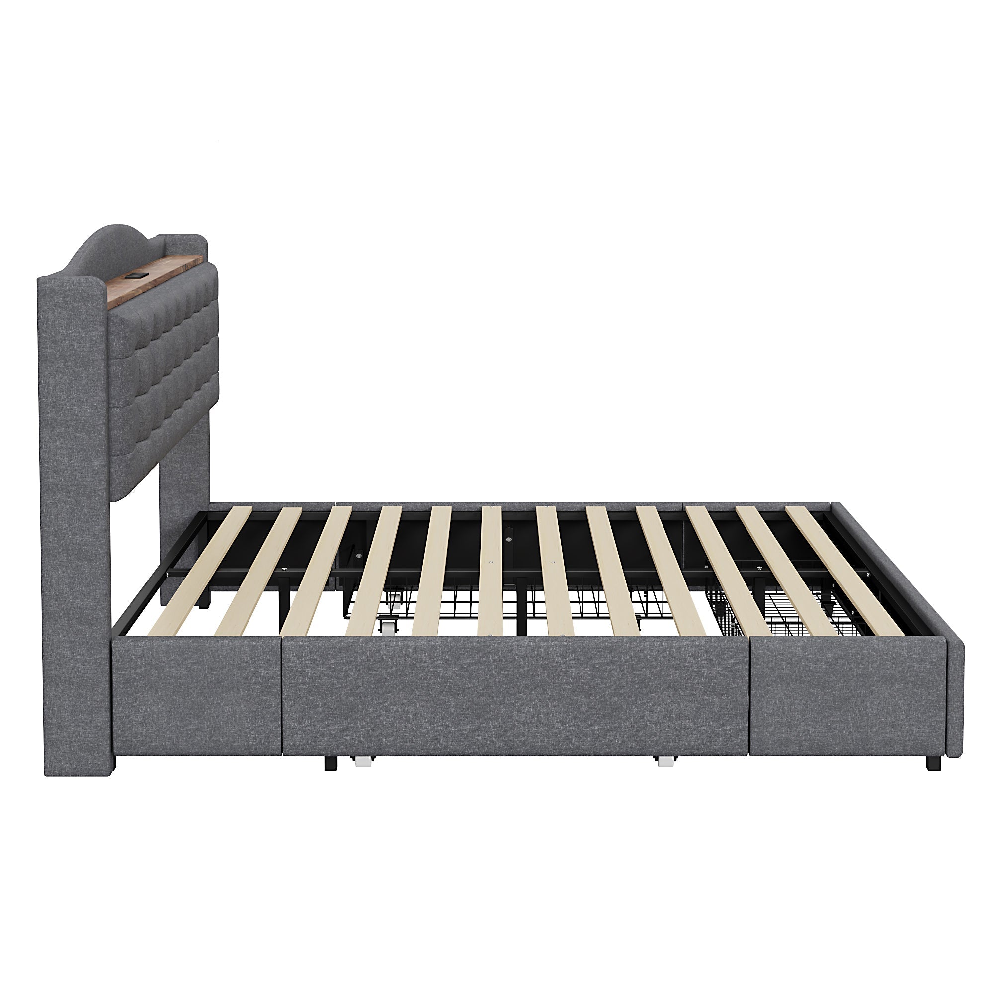 Upholstered Bed 160*200 cm, with USB Charging Bedside Table and 4 Drawers, Gray Linen Fabric
