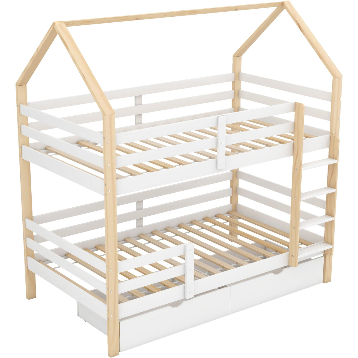 Children's House Bed 90x200cm with Large Drawers Pine Wood white+wood color