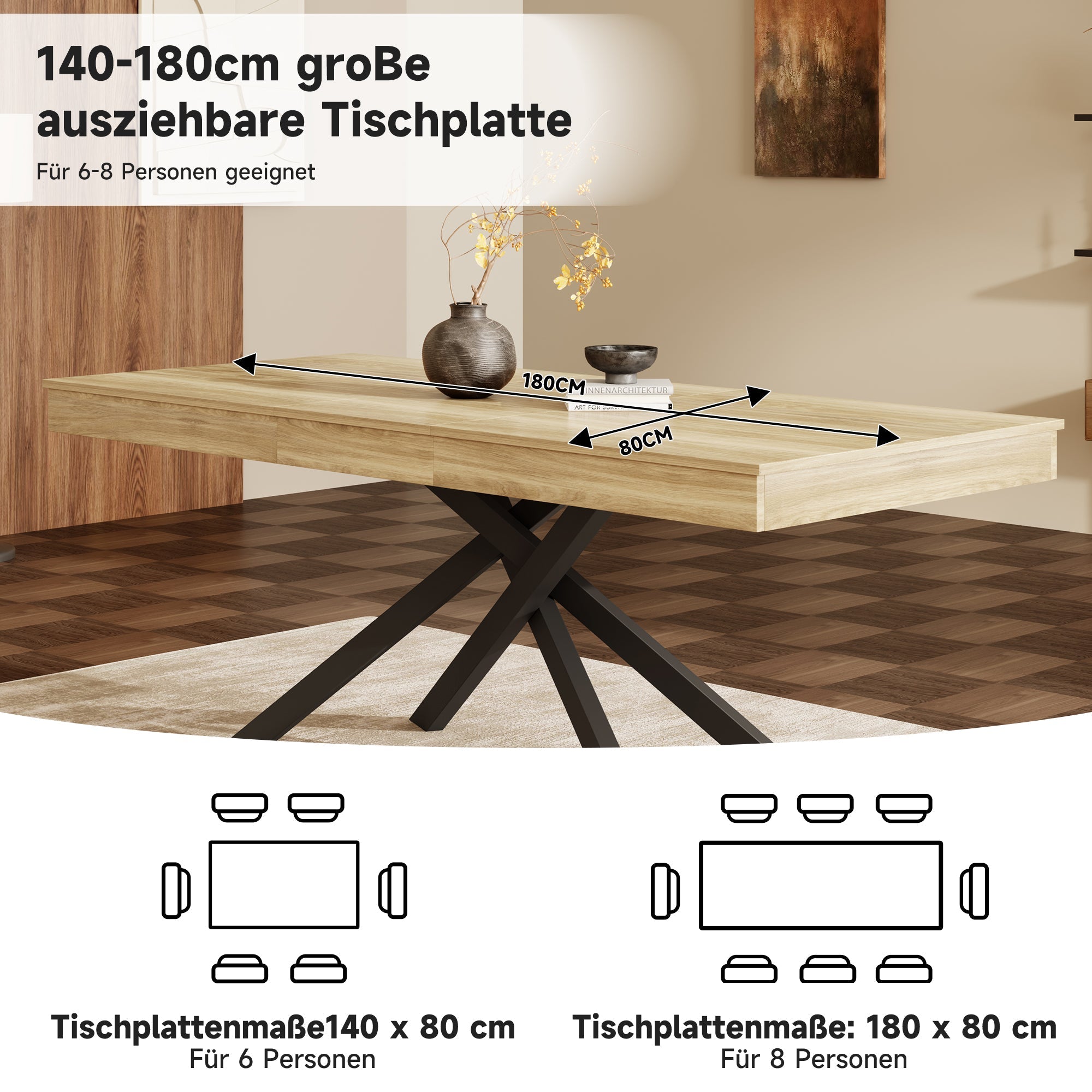 Extendable Dining Table 140/180x80cm 6-8 Person Metal Legs Oak Color