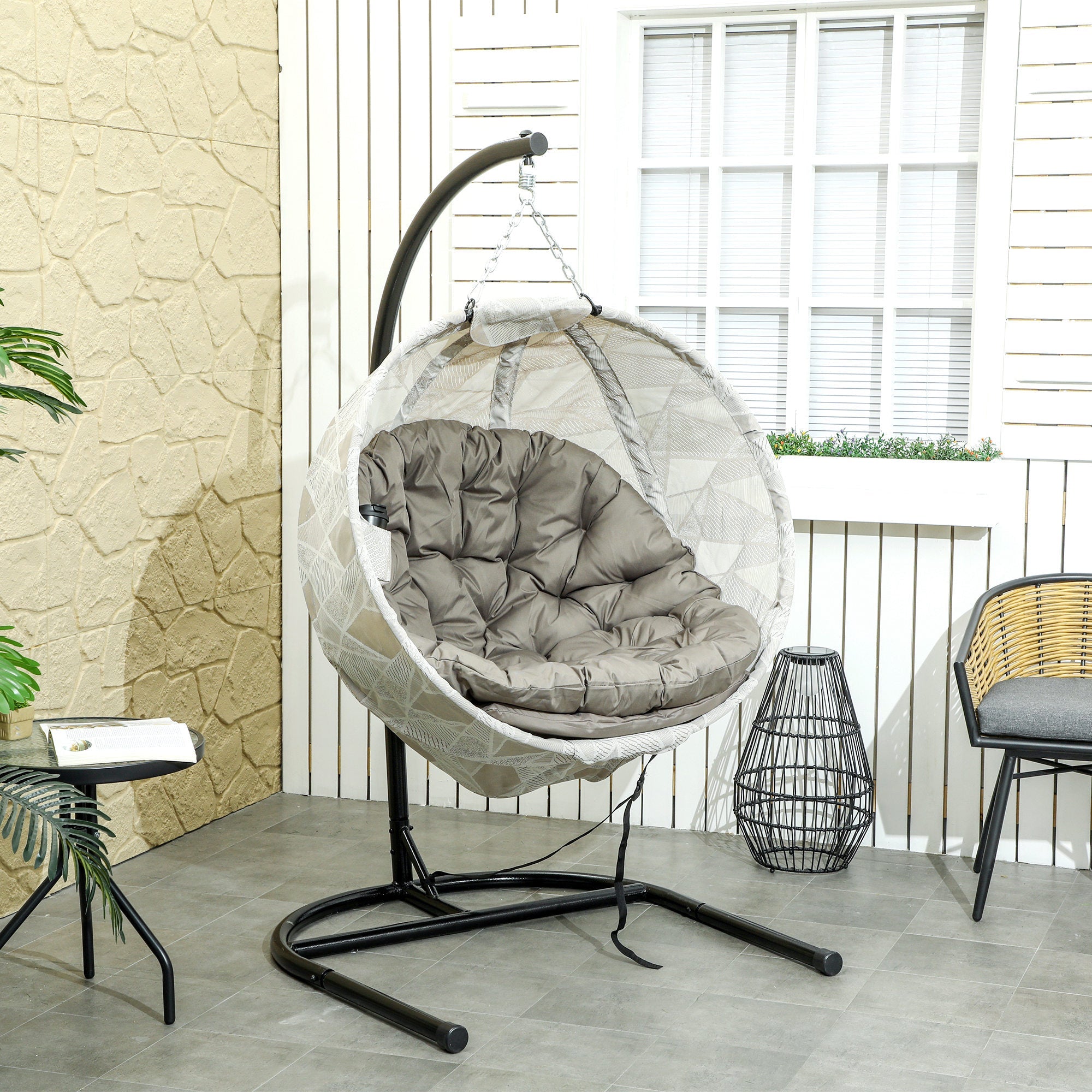 Hanging Egg Chair, Folding Basket Stand Thick Cushion Cup Holder, Sand Brown