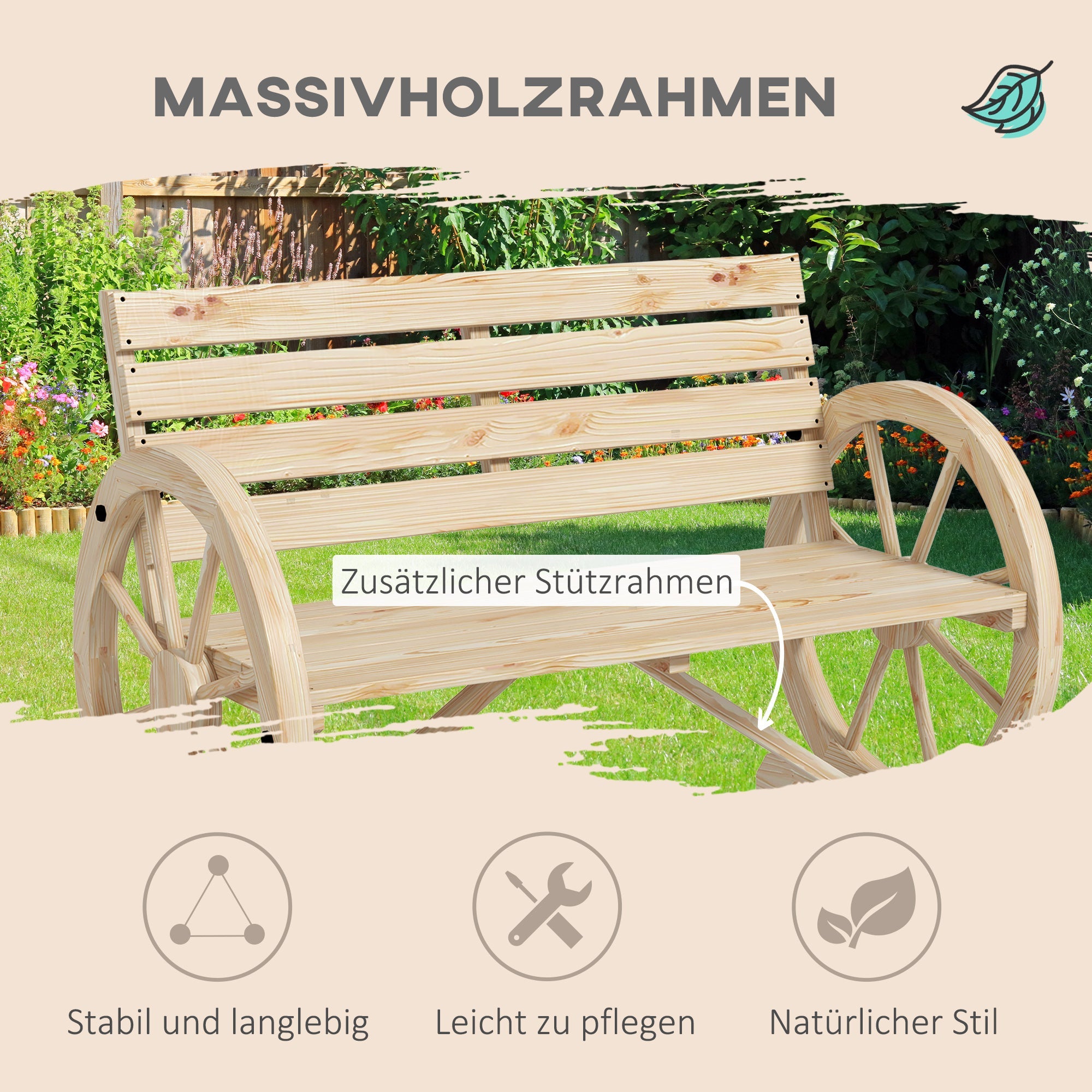 2-seater Garden Bench with Armrests, 240 kg Load Capacity, Fir Wood, Natural