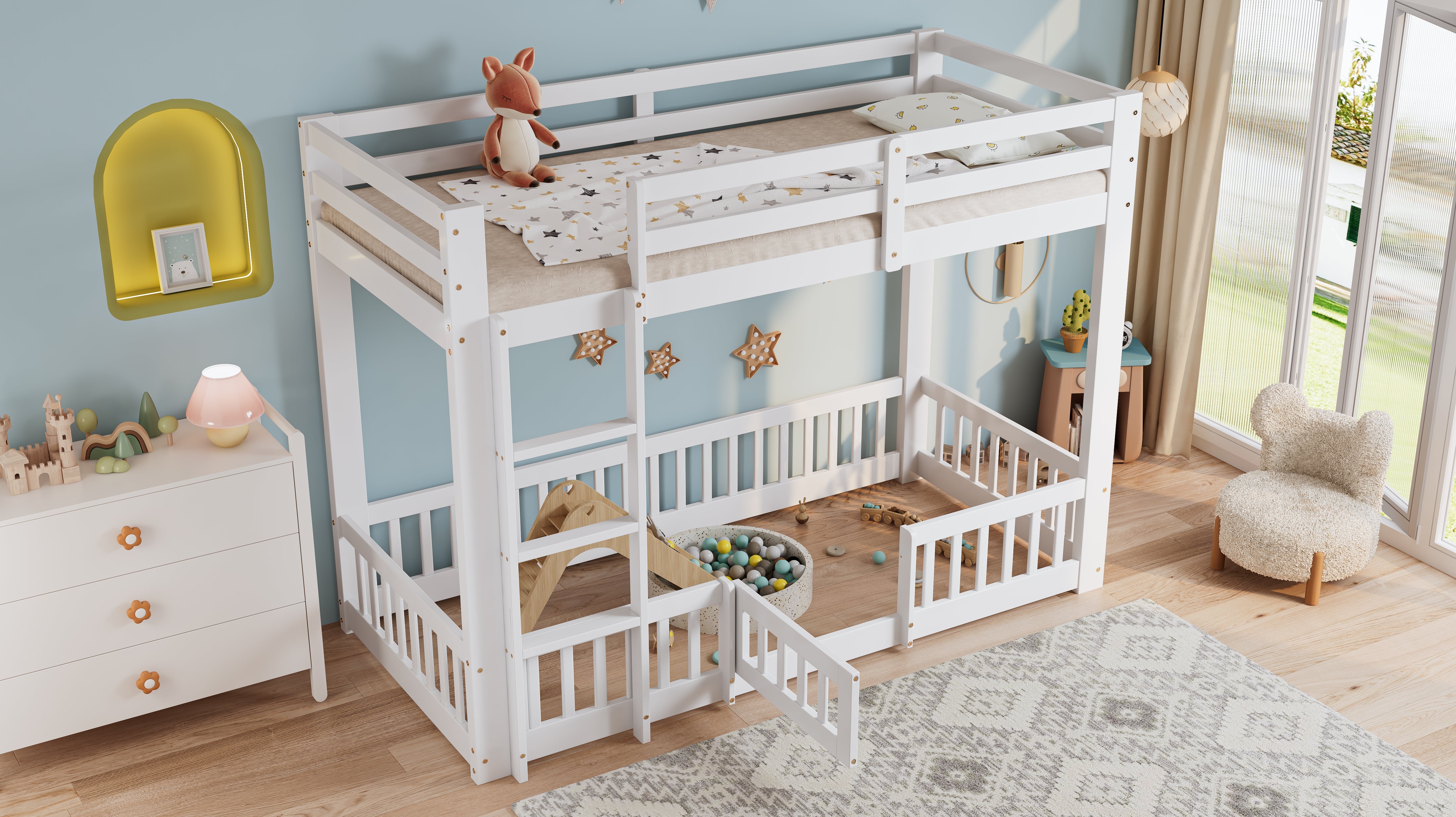 Bunk Bed, Wooden with Right-Angled Stairs, Railing, Fall Protection, White