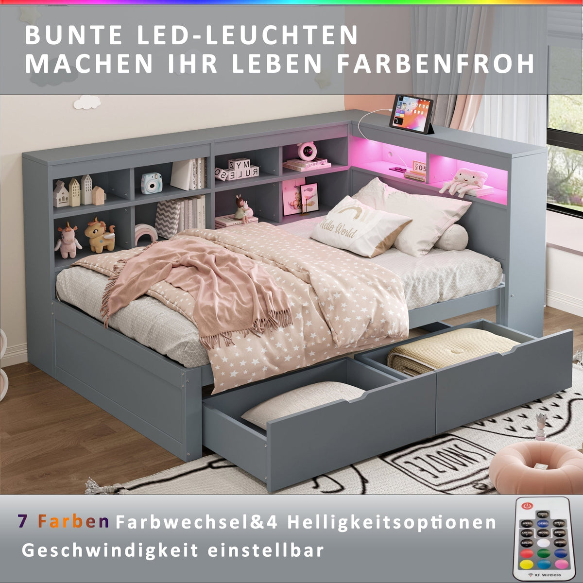 Solid Wood Sofa Bed 90x200cm Multifunctional Storage USB LED Grey