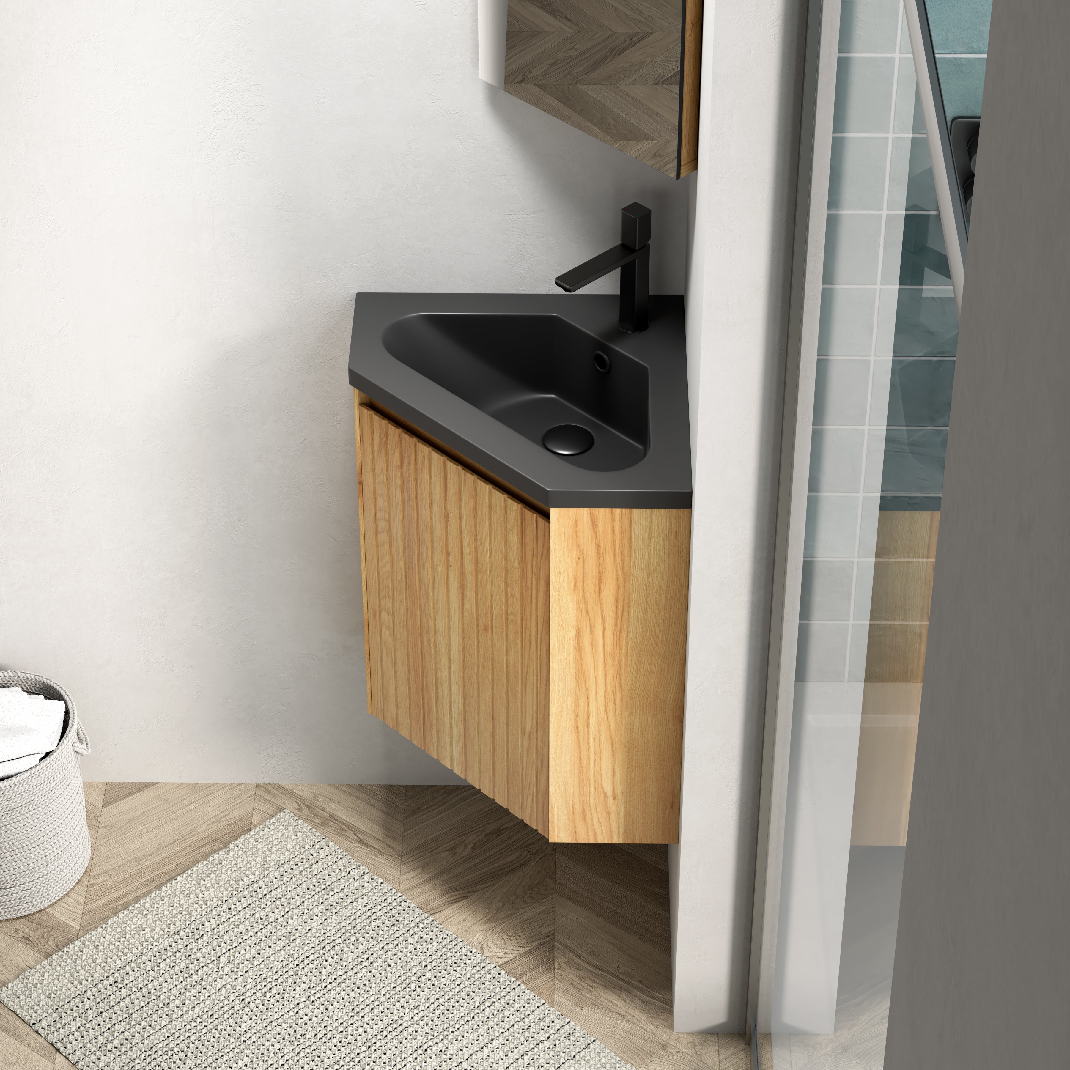 Wall-Mounted Corner Bathroom Vanity Unit with Matte Black Resin Basin, Natural Wood Grain