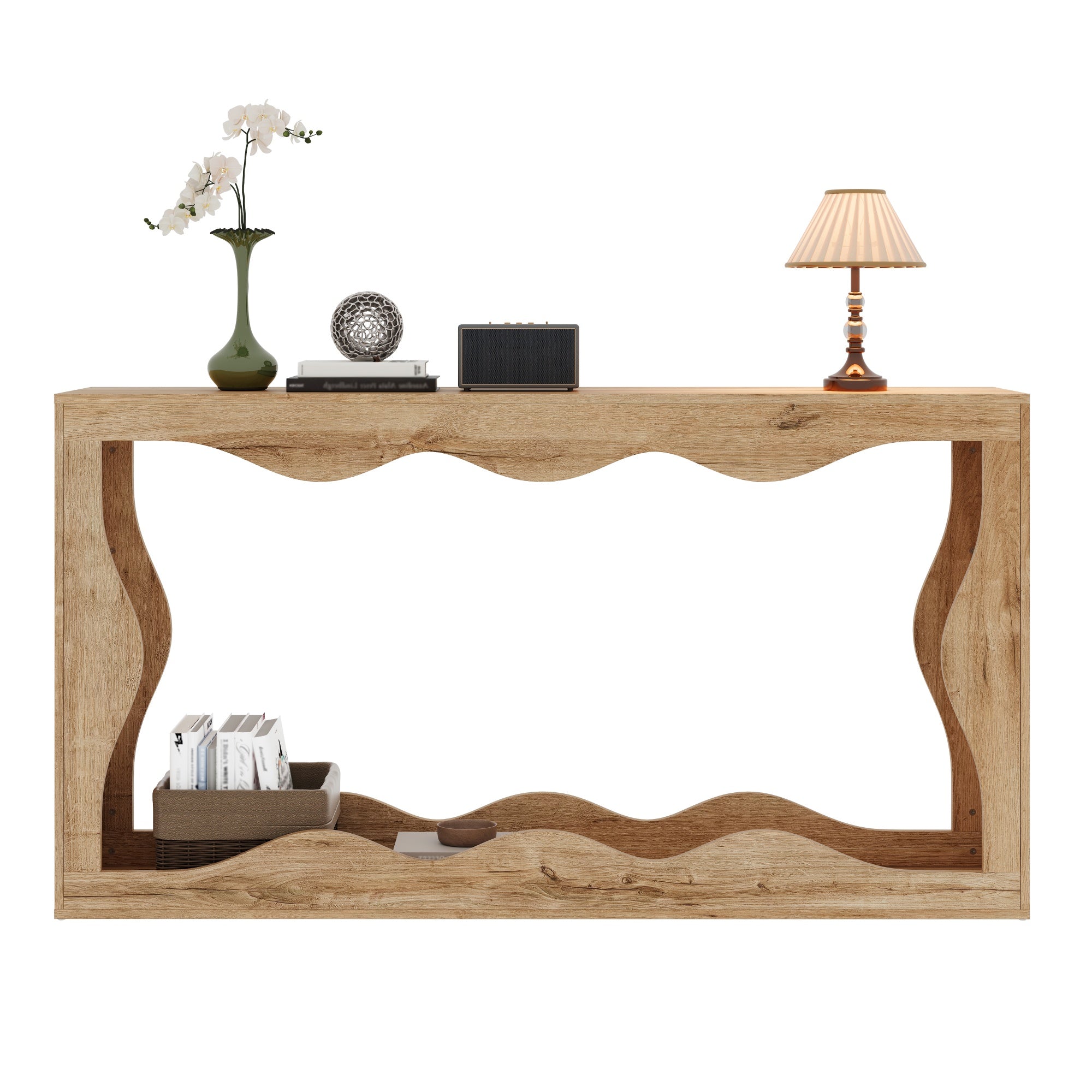 Wavy-Edge Console Table with 2-Tier Shelf and Natural Edge Design, Wood-Look