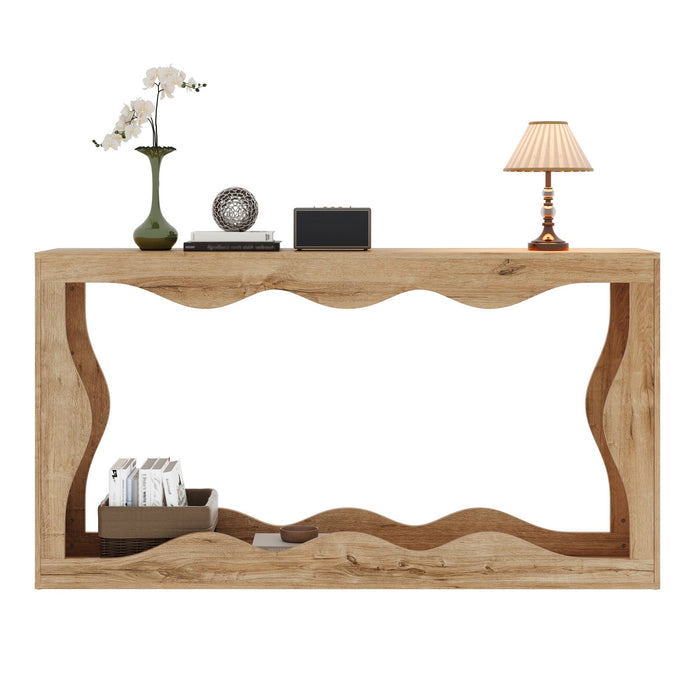 Wavy-Edge Console Table with 2-Tier Shelf and Natural Edge Design, Wood-Look