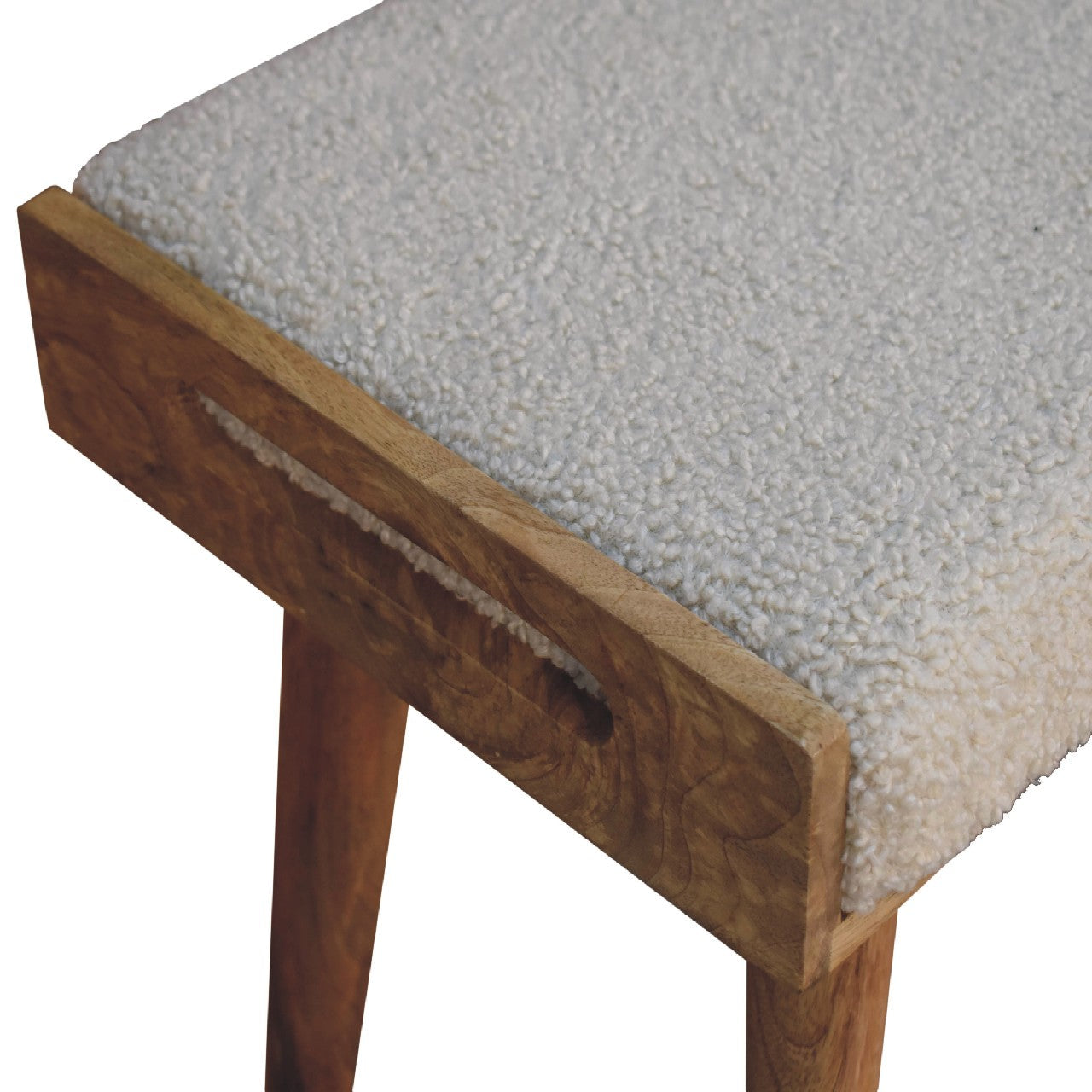 Solid Wood Footstool, Upholstered Tray Style Nordic Legs, Boucle Cream/Beige and Brown