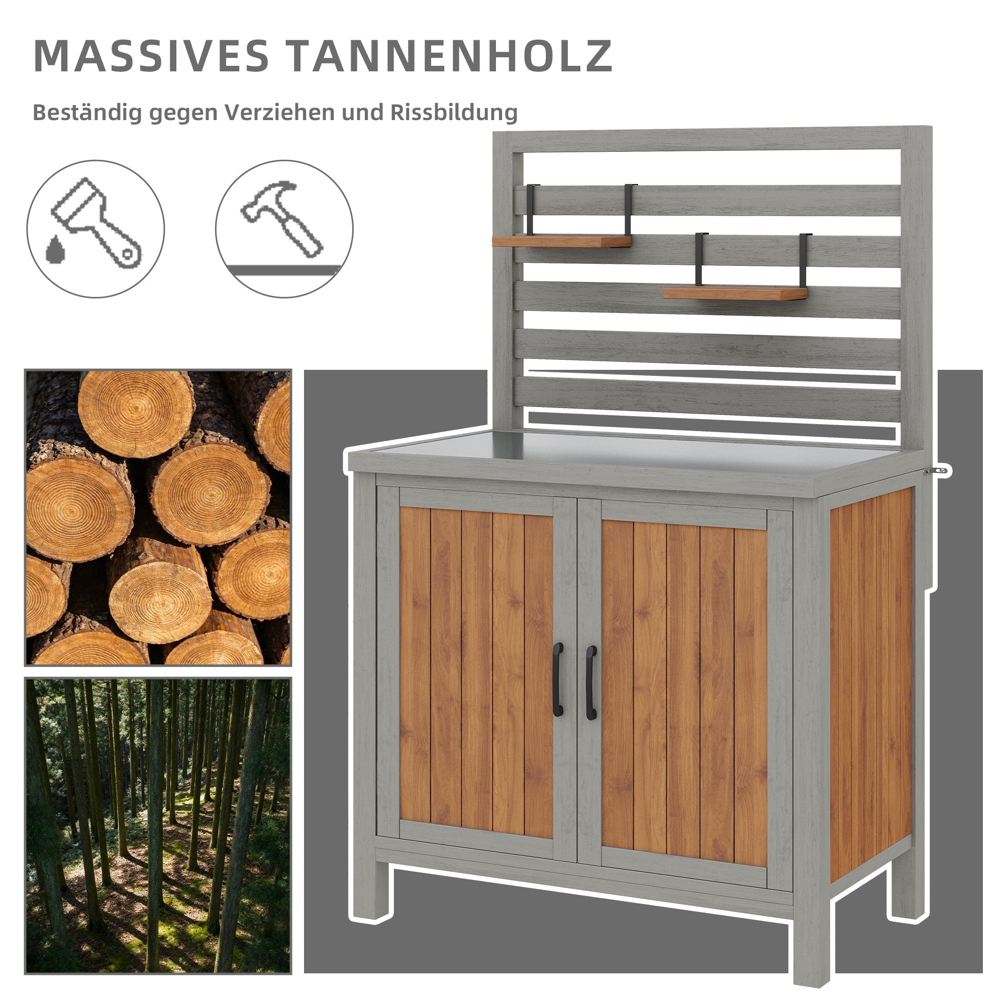Weatherproof Garden Cabinet with Stainless Steel Worktop and Adjustable Shelves, Wooden