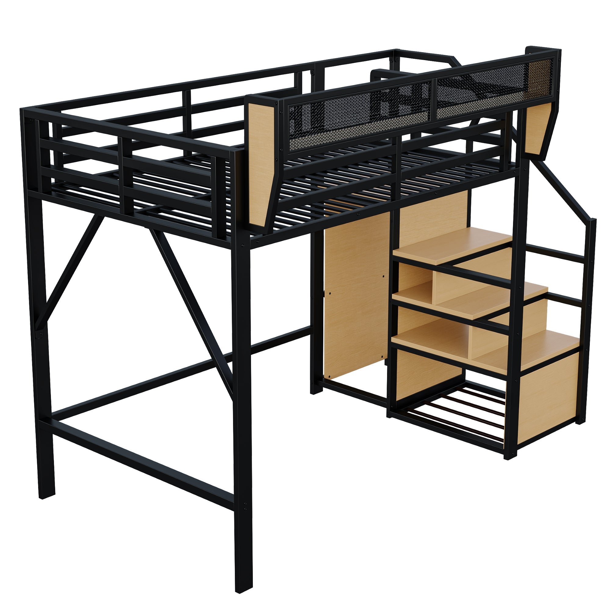 Loft Bed 140x200 Safety Ladder Flexible Storage Metal Black
