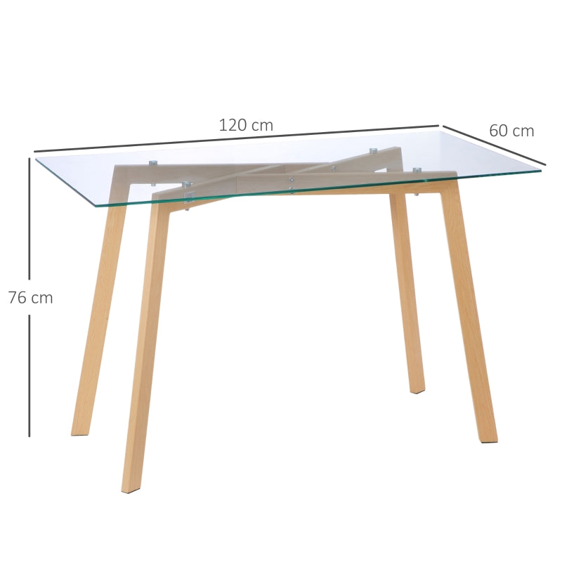 Dining Table 120x60cm Glass Top Steel Frame - Wood Look