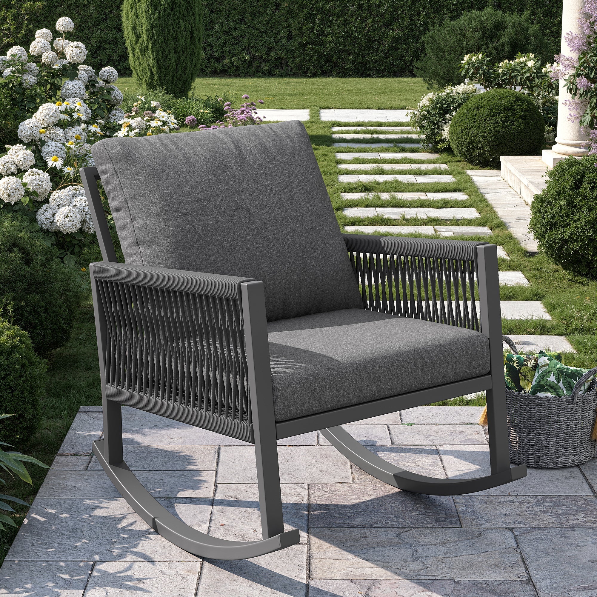 Garden Furniture Set, 4-6 Person Lounge with Round Sofa and Rocking Chair, Grey