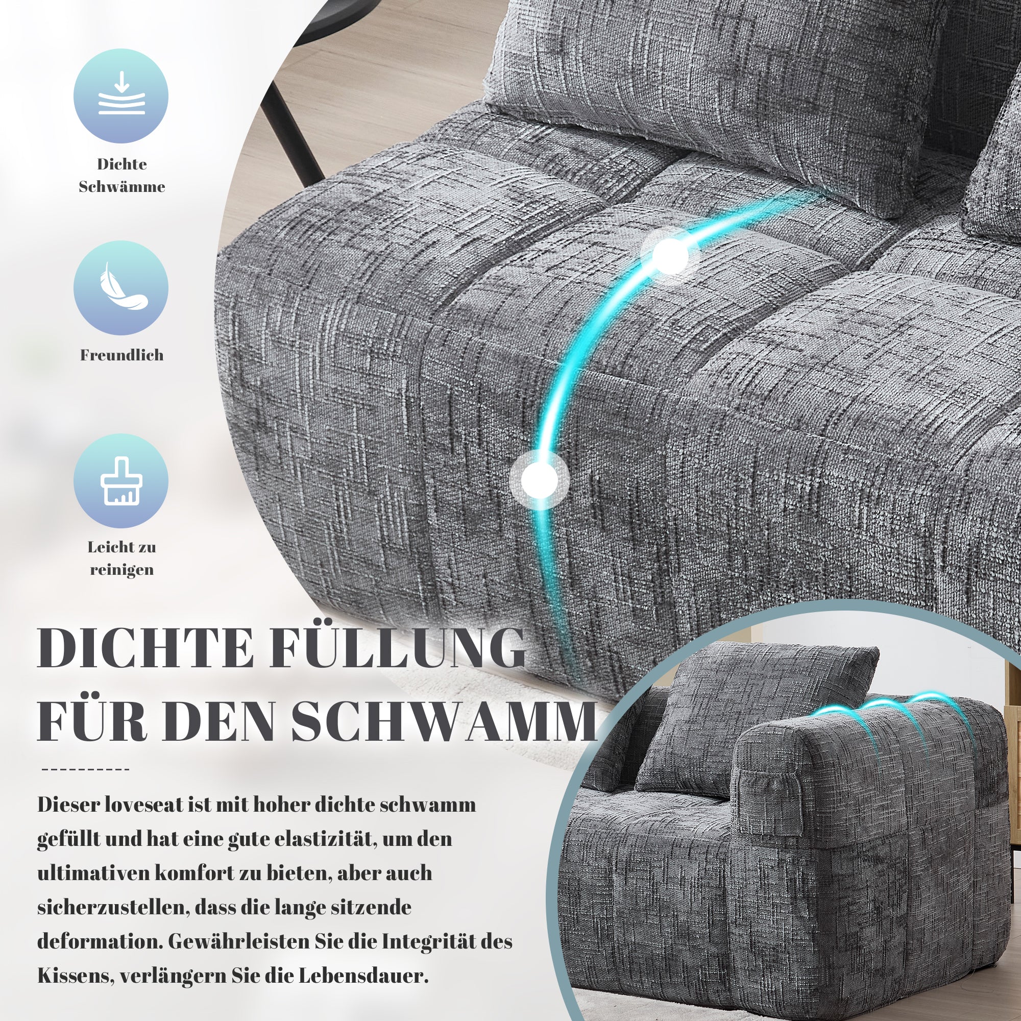 Sofa, Plush 2-Person No Assembly Side Pockets, Grey