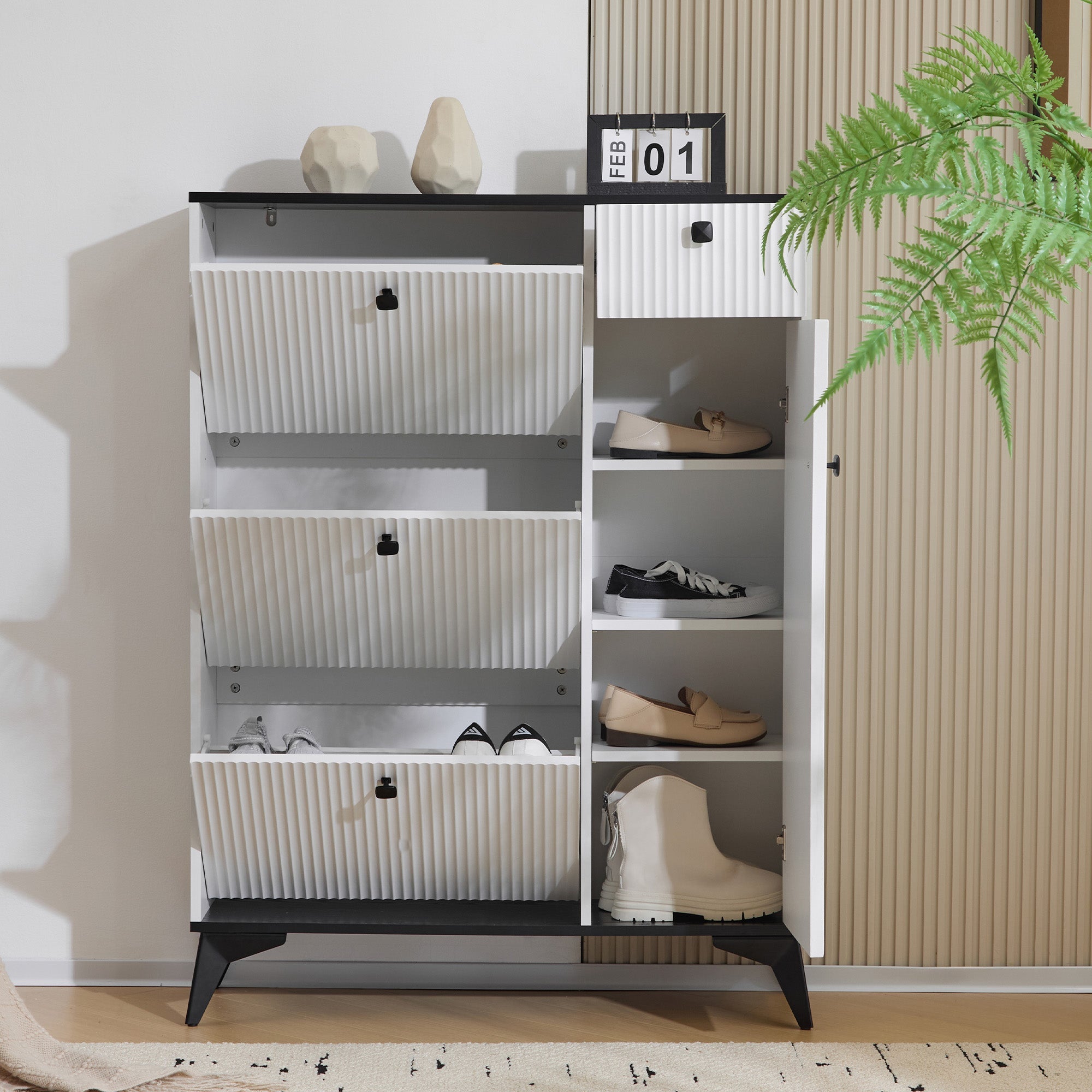 Shoe cabinet with 3 flaps, 1 drawer, 1 door, white