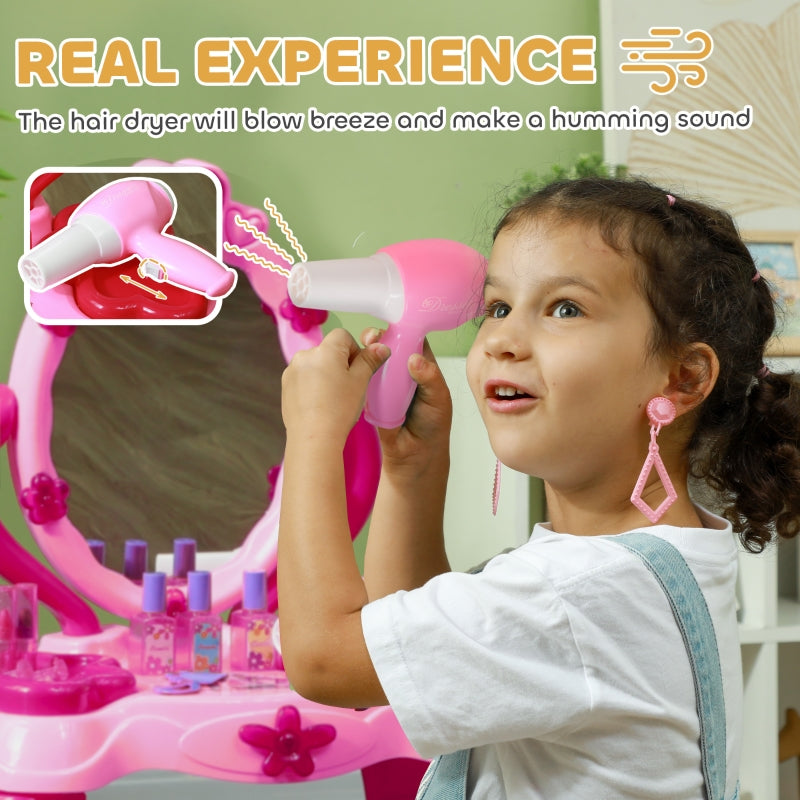 Kids Dressing Table with Mirror, Stool, Light, Music, 15 Accessories, Pink