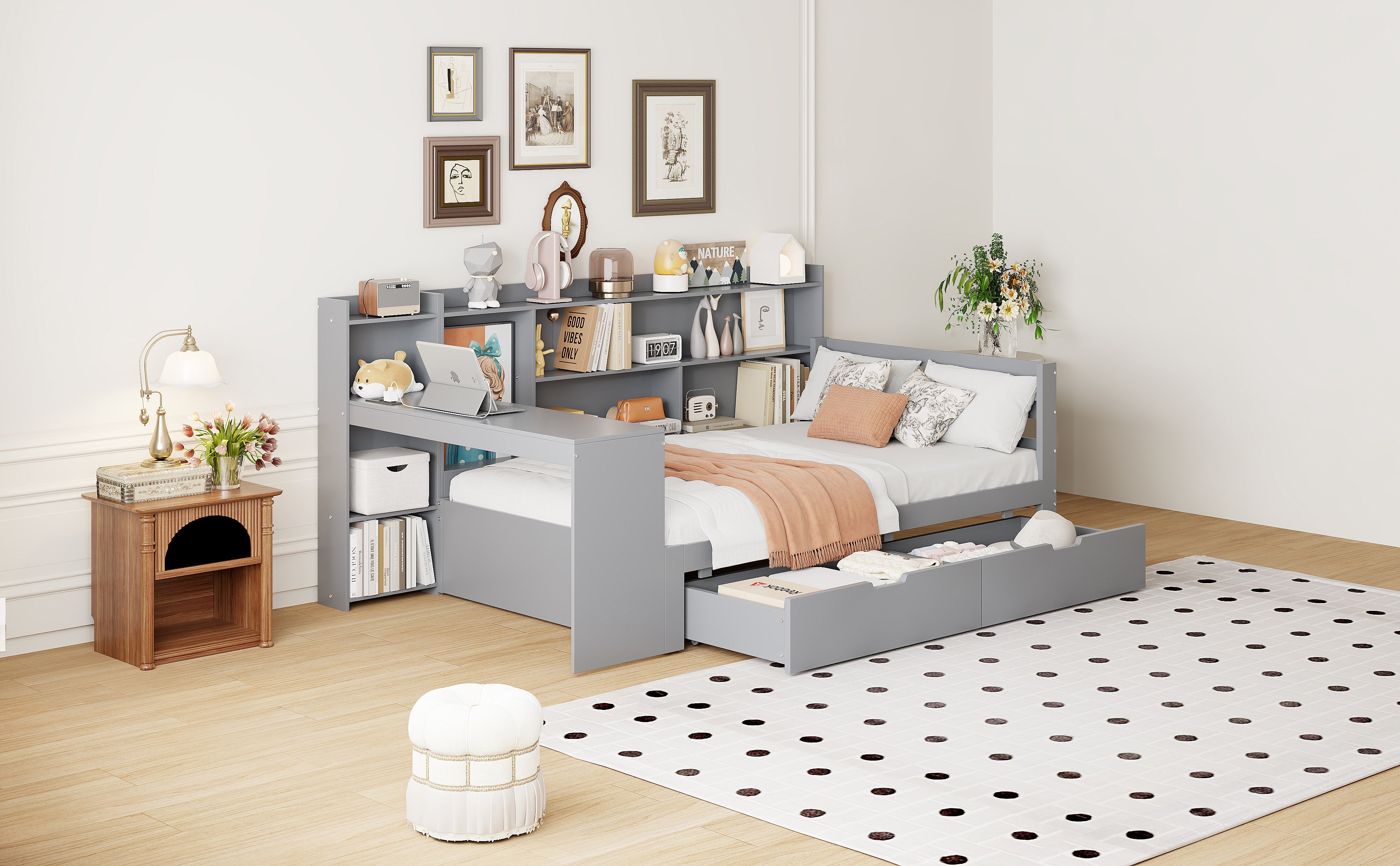 Sofa Bed, Multifunctional with Desk, Bookshelf, Storage & Power Outlet, Solid Wood, Grey