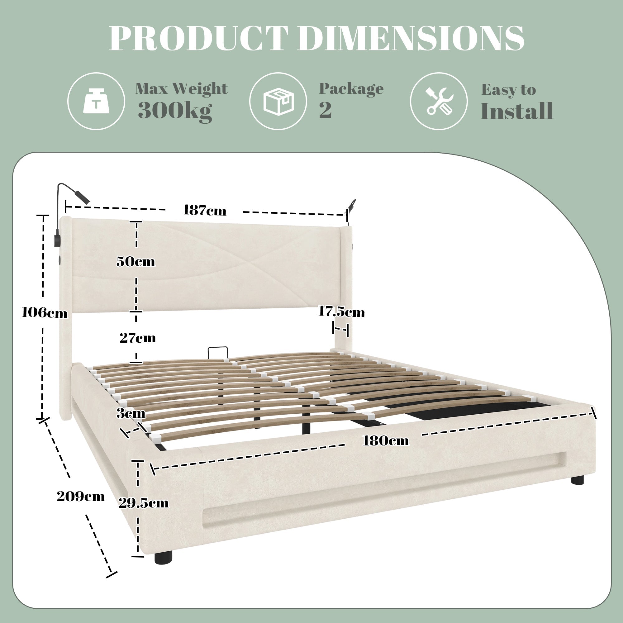 Modern Bed Frame with Integrated Reading Lamps, LED Lighting, Storage Base, USB/Type-C Ports - Beige