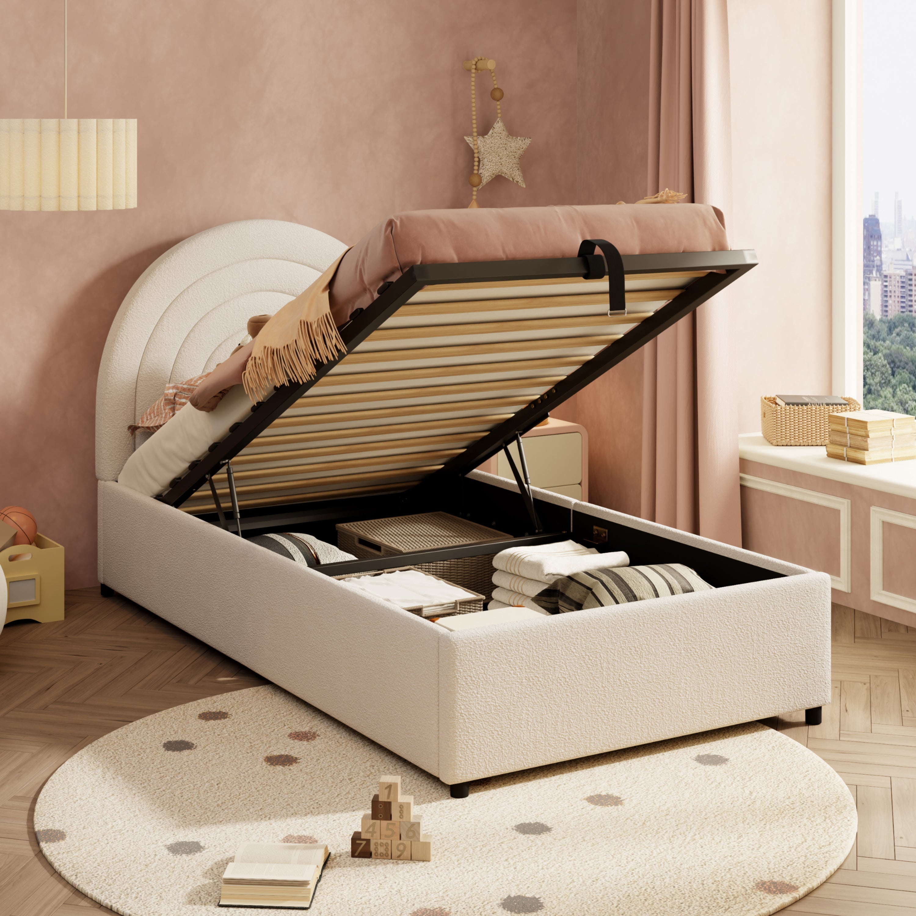 Upholstered Single Bed with Slatted Frame and Headboard, Boucle Beige