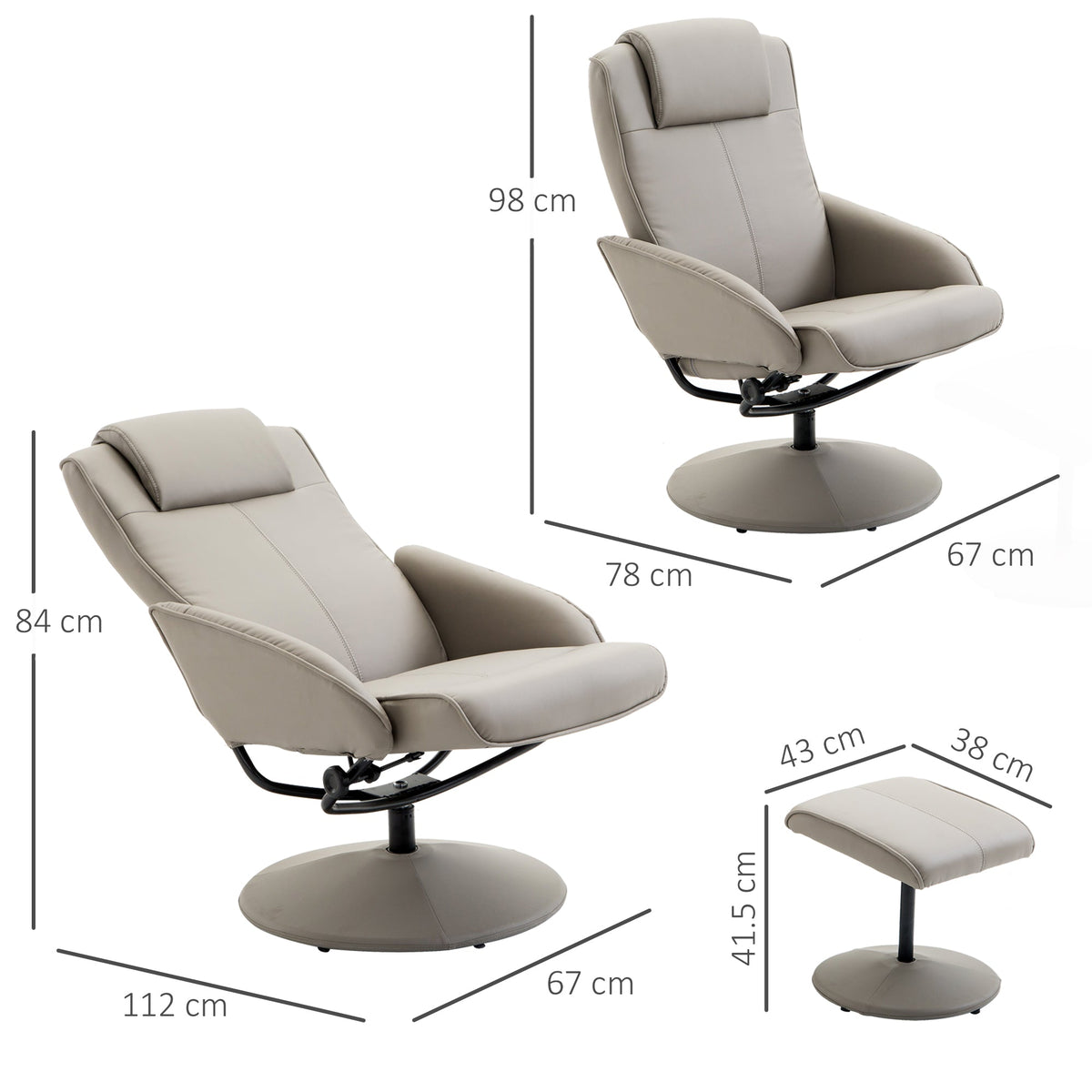 Reclining TV Armchair, 360° Swivel with Footrest, Grey