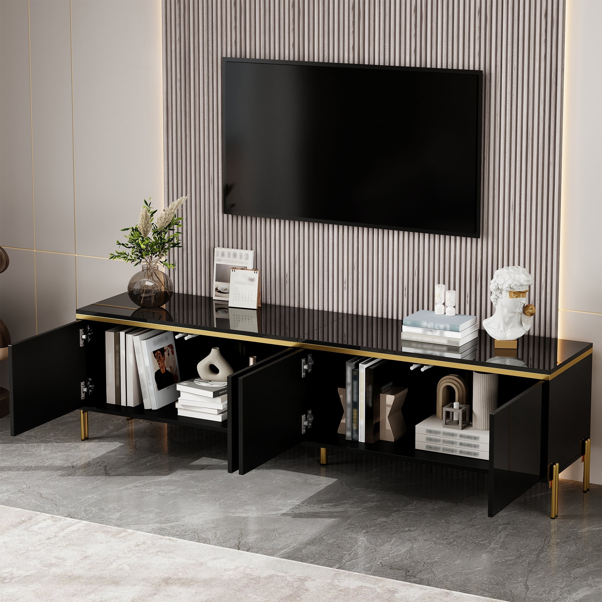 TV Stand Modern High-Gloss Storage 4 Doors Gold Trim