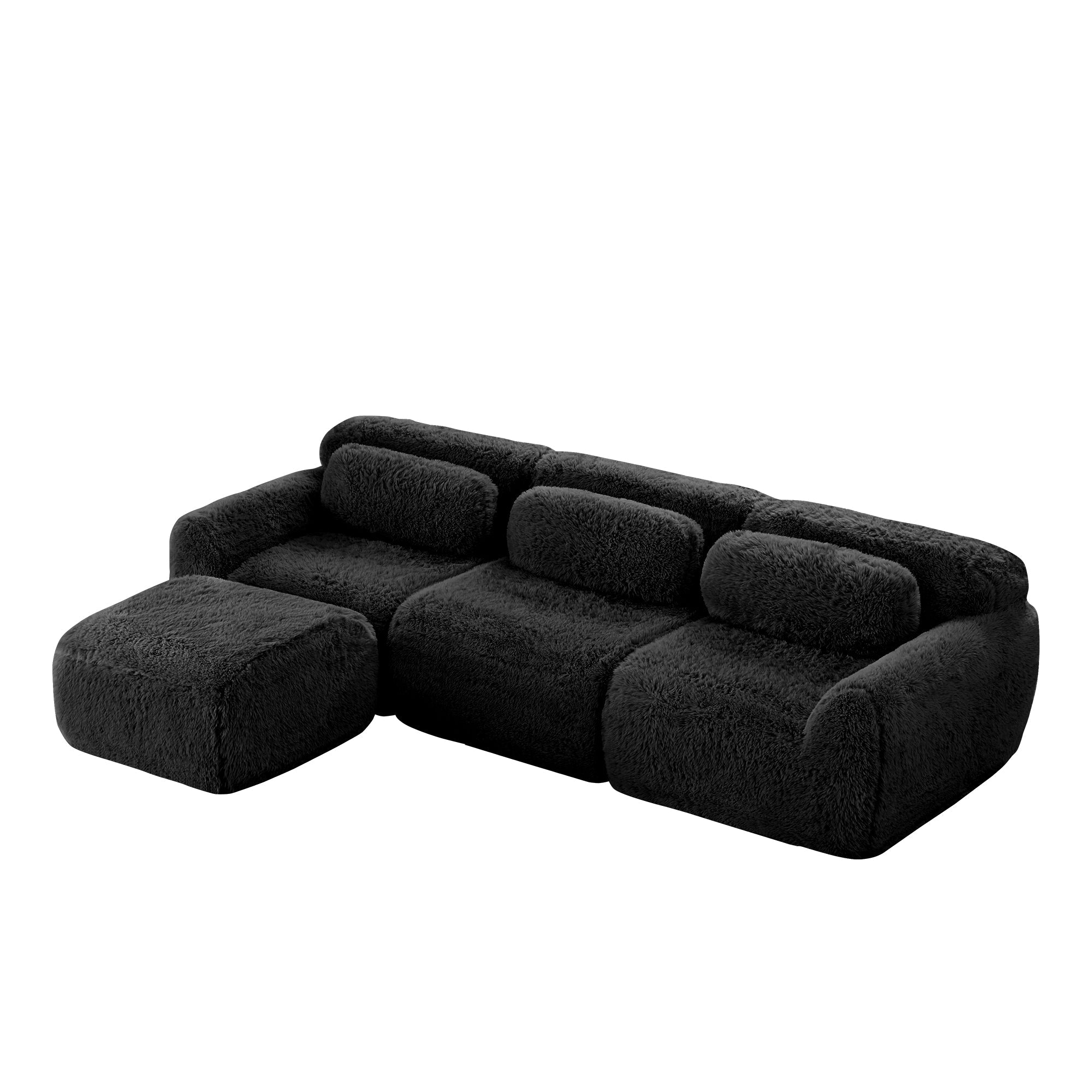 L-shaped Modular Sofa Frameless Deep Seating - Black Plush Fabric