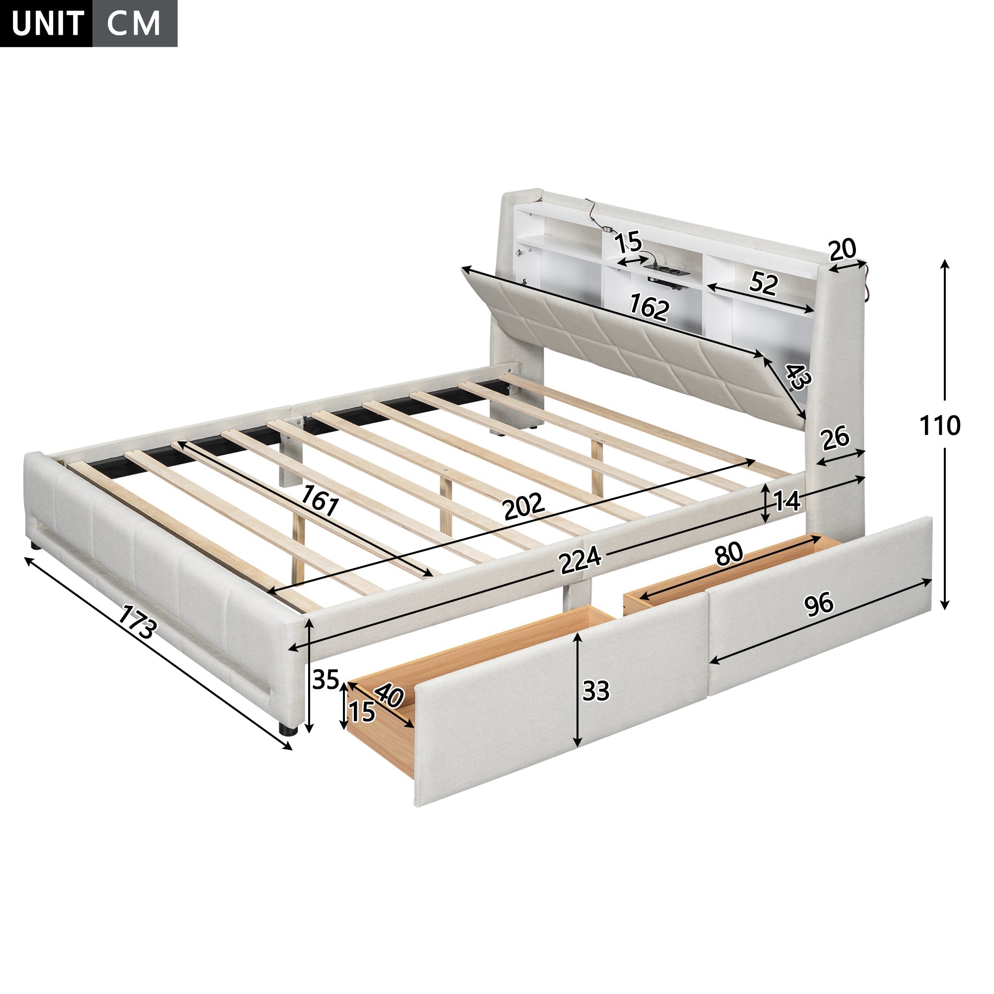 Upholstered Bed 160x200cm LED App Control Drawers USB Storage - Linen Beige