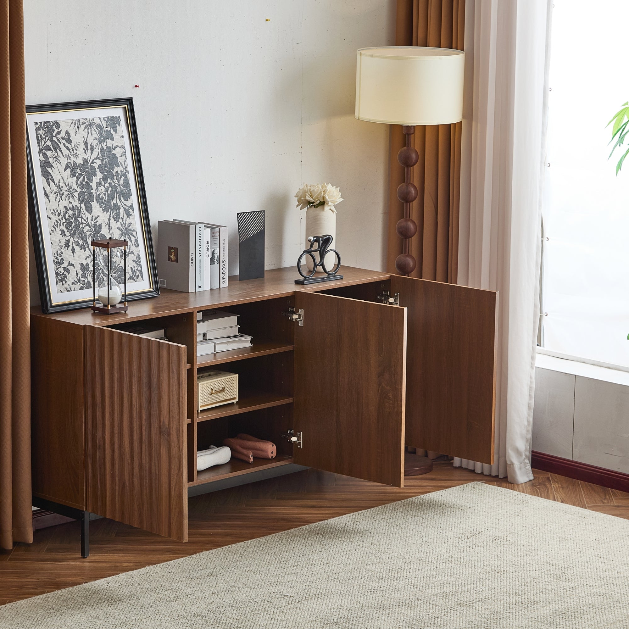 Sideboard Mid-Century Modern 3-Door 150cm with Wavy 3D Design Dark Grained Oak