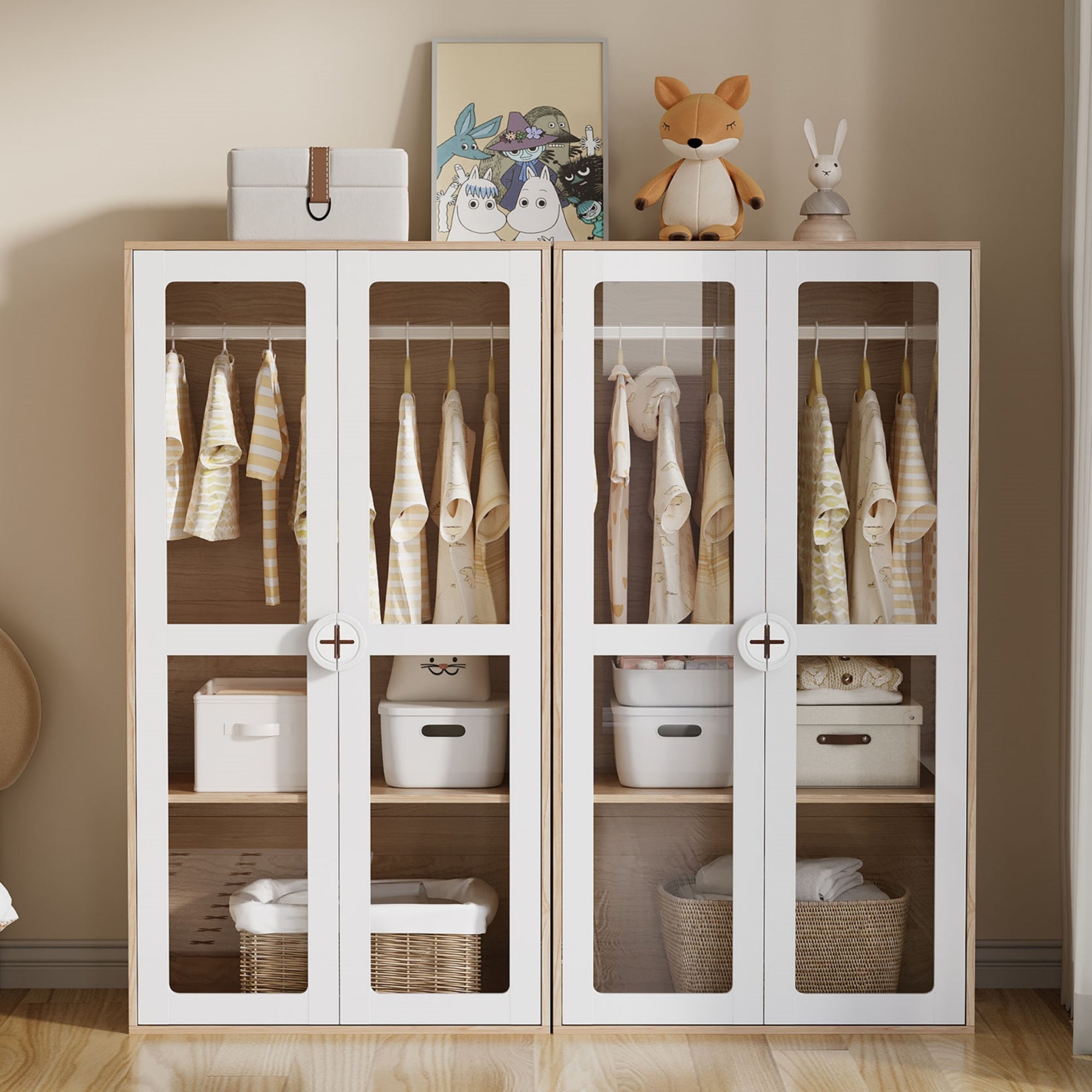 Children's Wardrobe, Double Door with Hanging Rail, 2-Piece Combination, White/Natural Wood Color