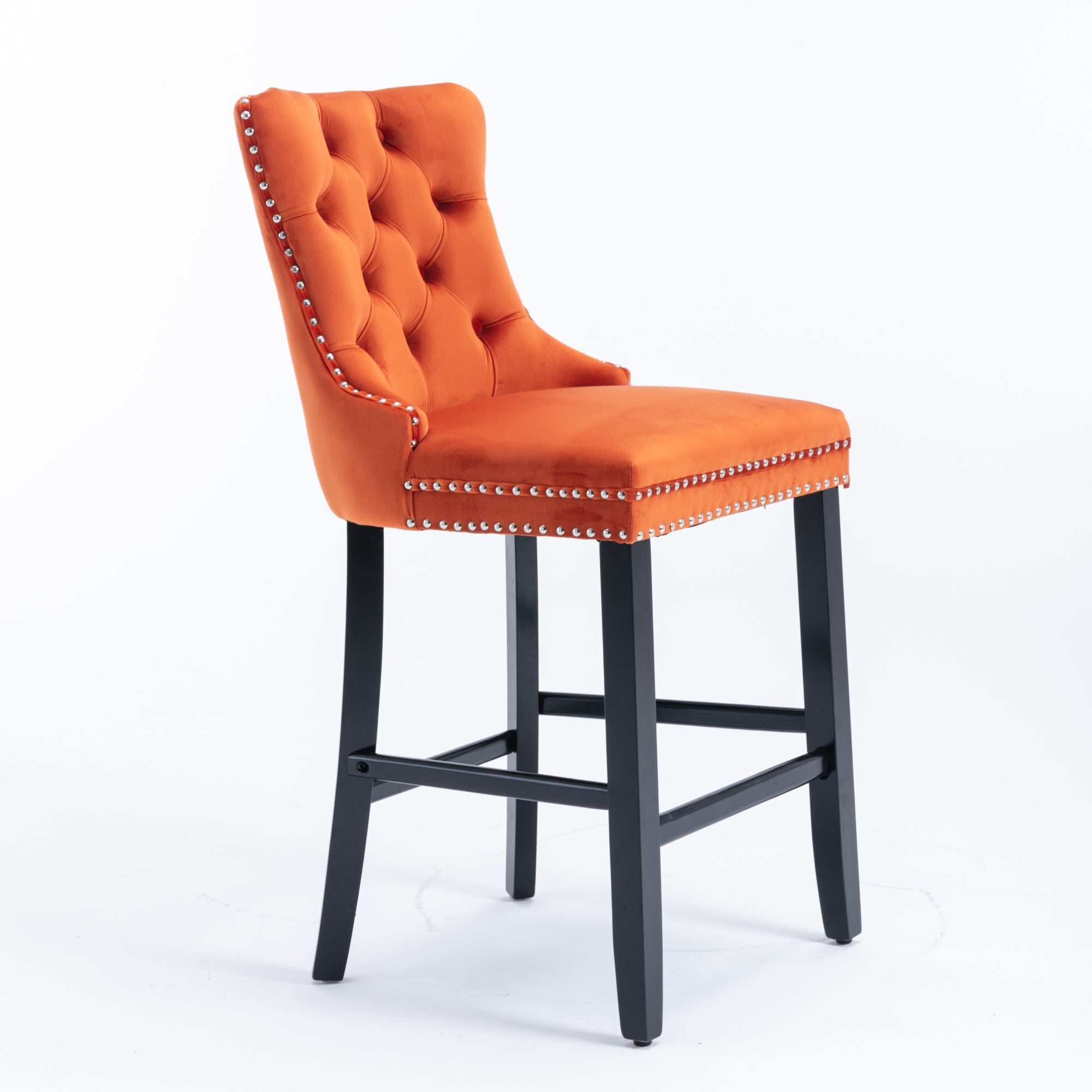 Barstools Set of 2 Button Tufted Velvet Wooden Legs - Orange