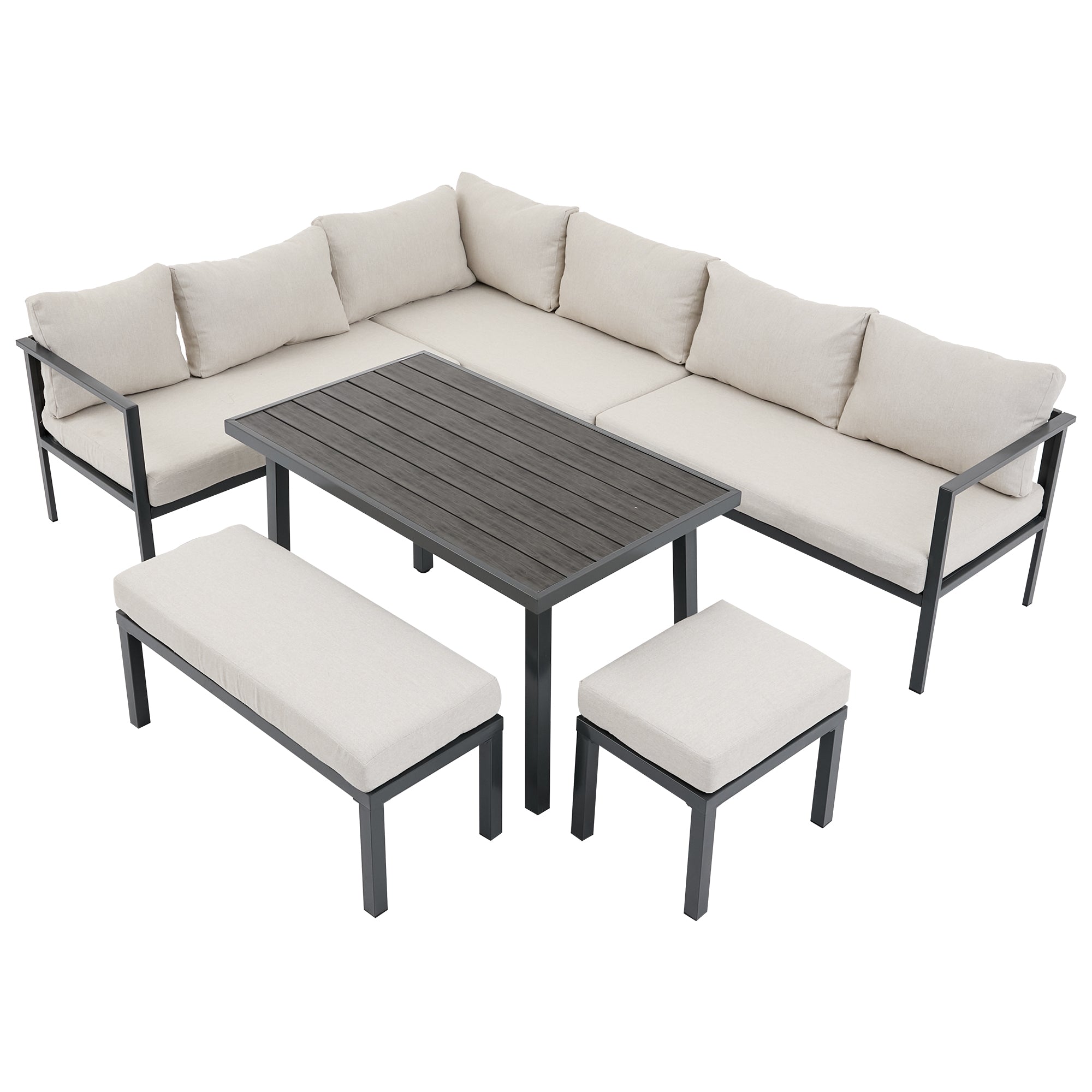 Garden Dining Set, 9-Person Corner Configuration with Table, Benches, Chairs and Sofas, Beige Plastic-Wood Tabletop