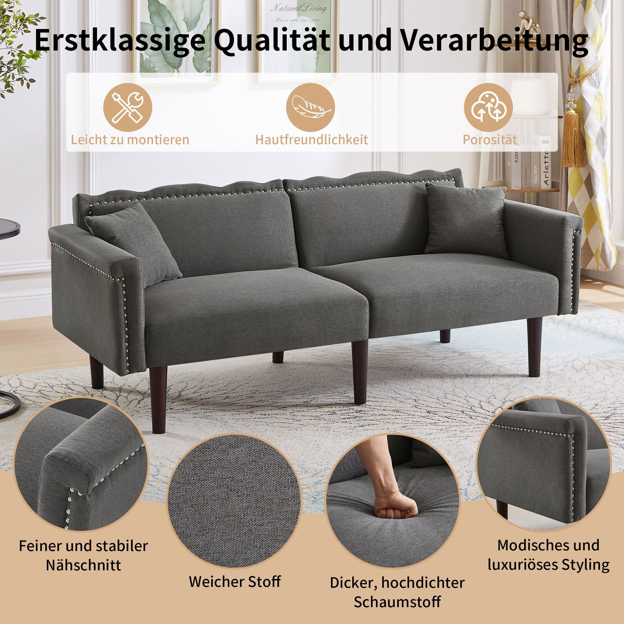 Sofa Bed, 2-in-1 Multifunctional Two-Seater, Adjustable Backrests, Cotton Linen Fabric