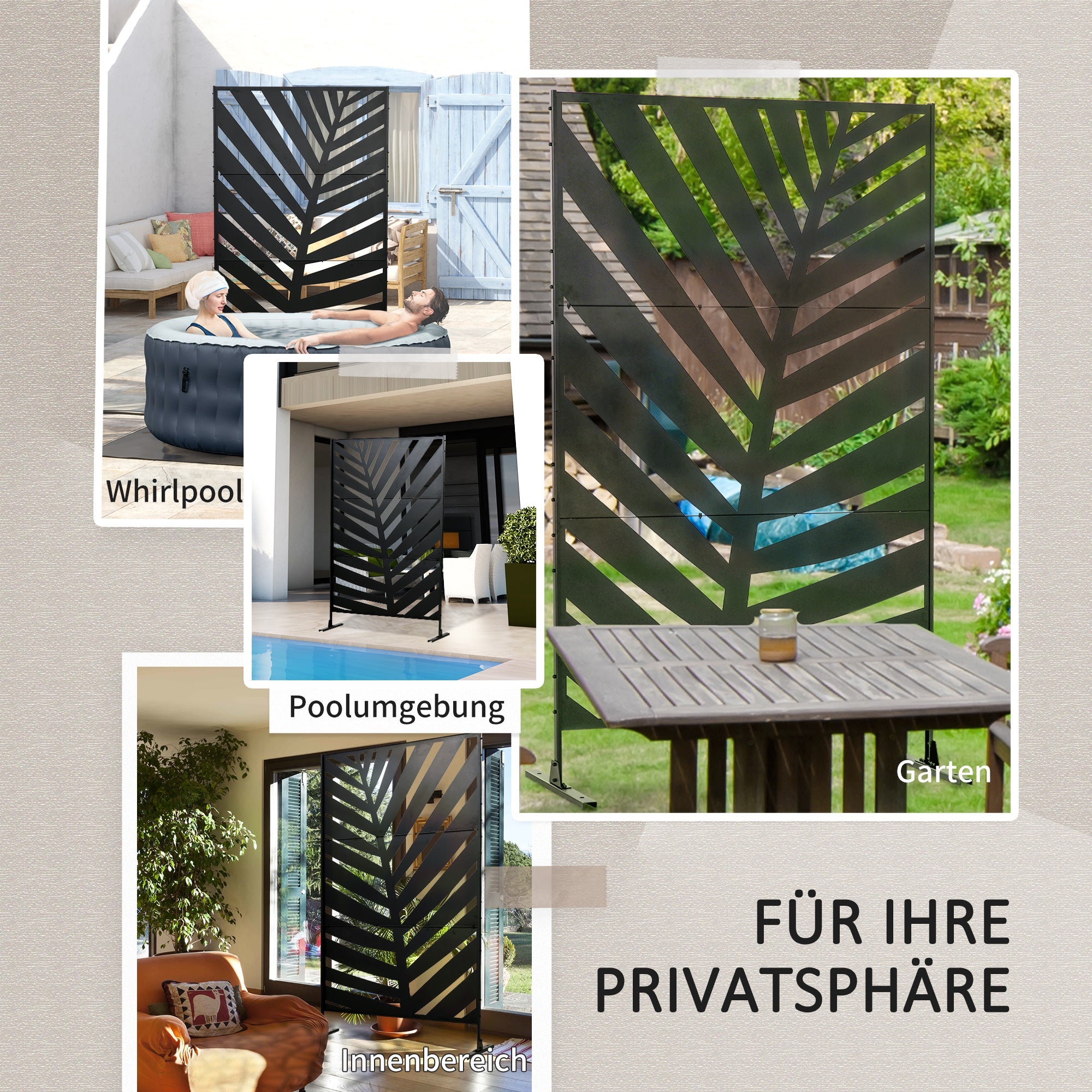 Balcony Privacy Screen Room Divider, Banana Leaf Pattern 122x198cm, Steel Black