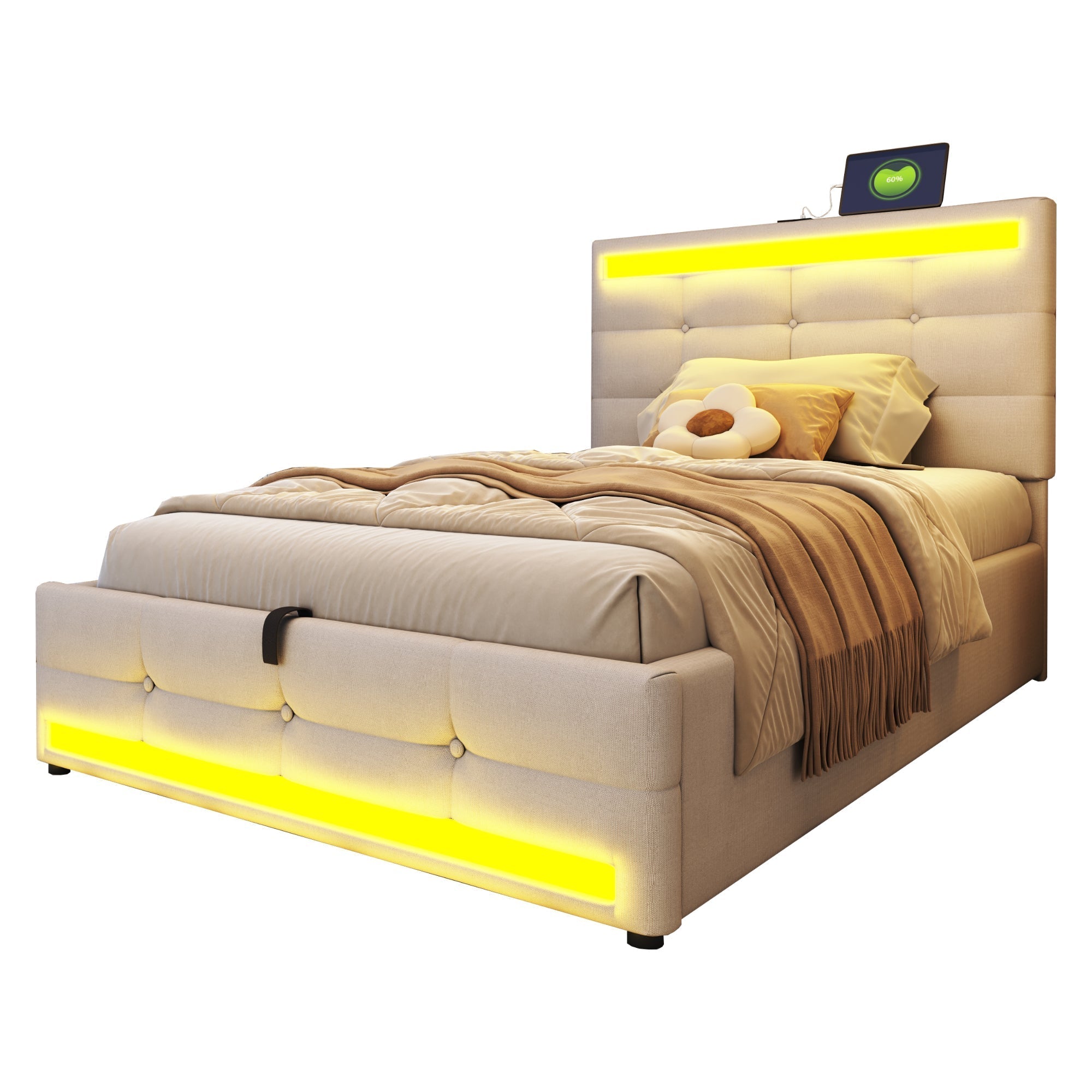 Upholstered Bed 90x200 Hydraulic Storage USB LED Light Strip, Beige Linen