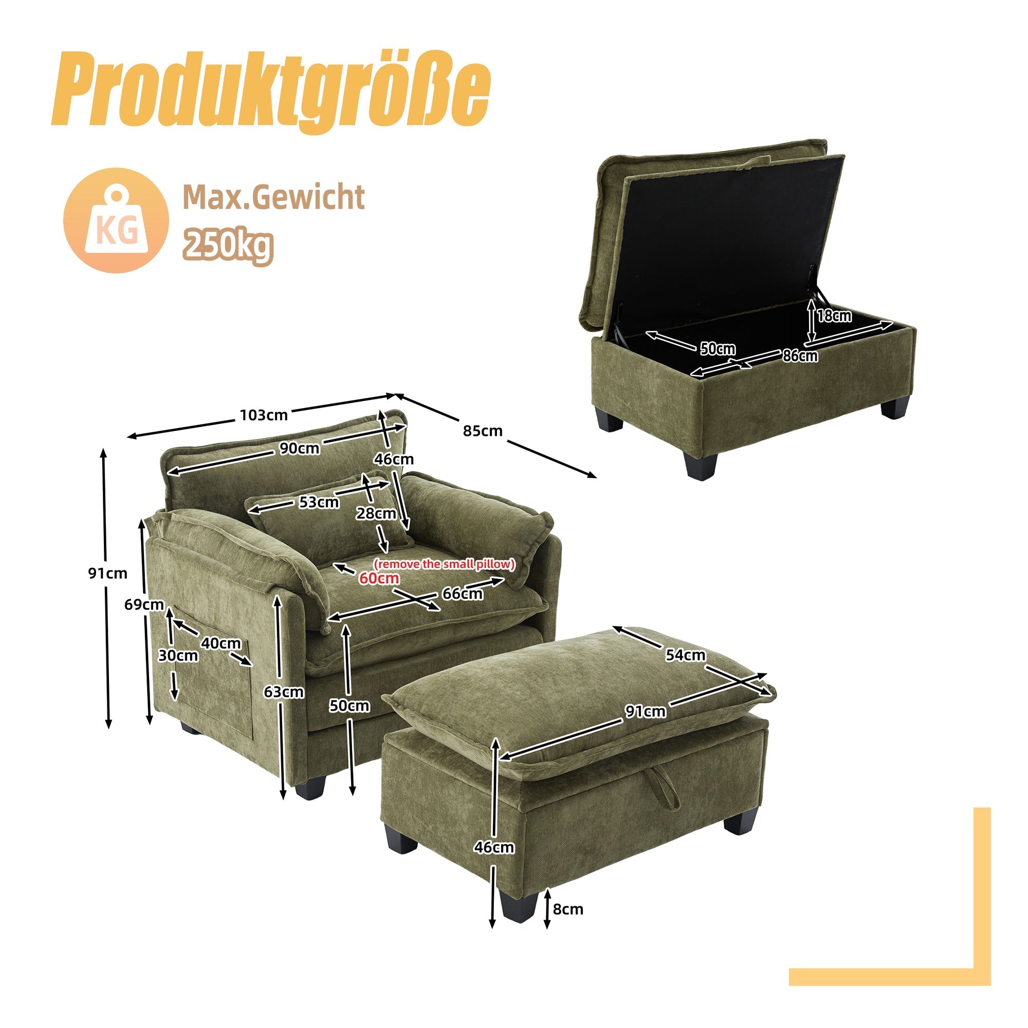 Armchair, Oversized with Footrest, Stool, Side Pockets, Cushions - Velvet
