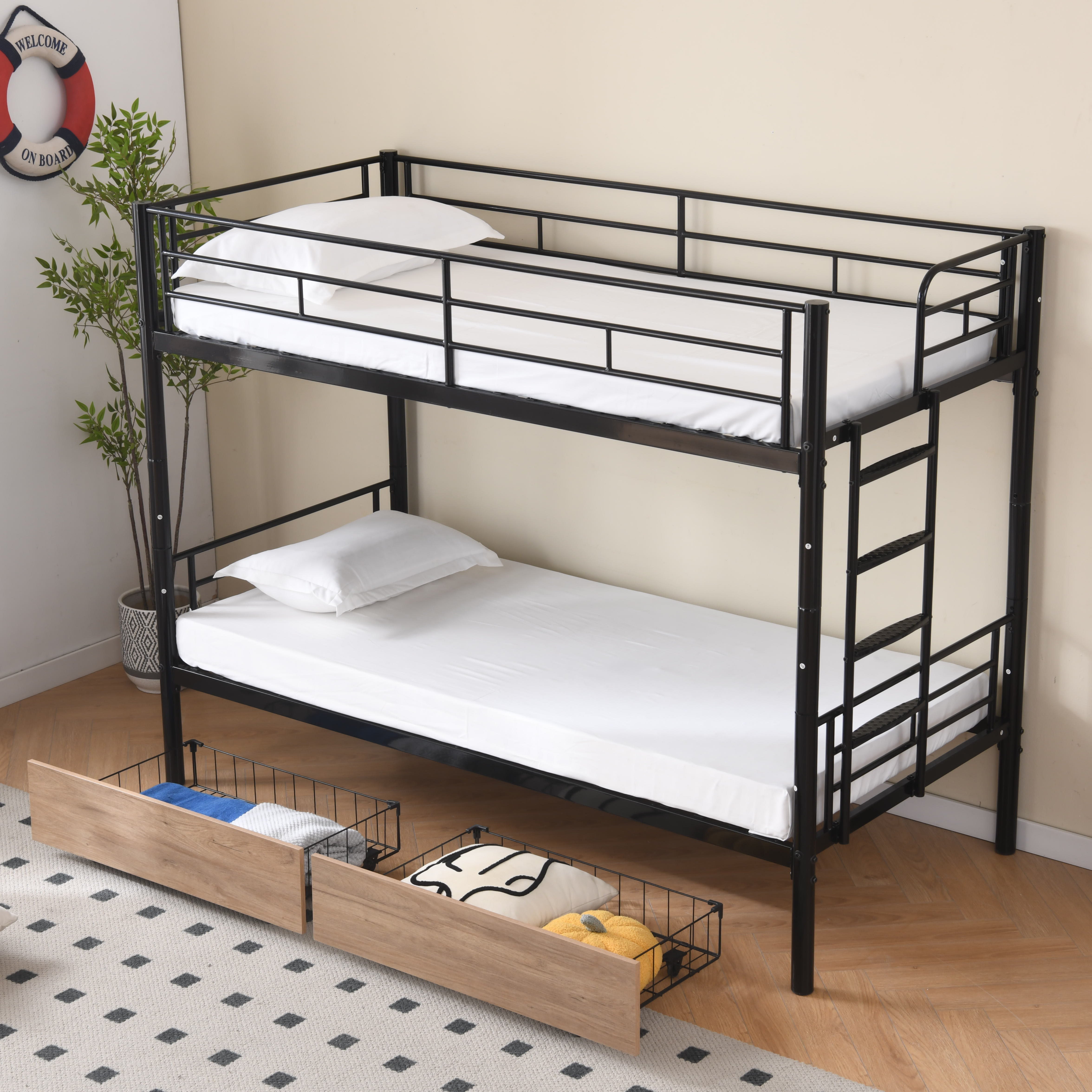 Bunk Bed 90x200cm with Drawers, Convertible to Single Beds, Black Metal