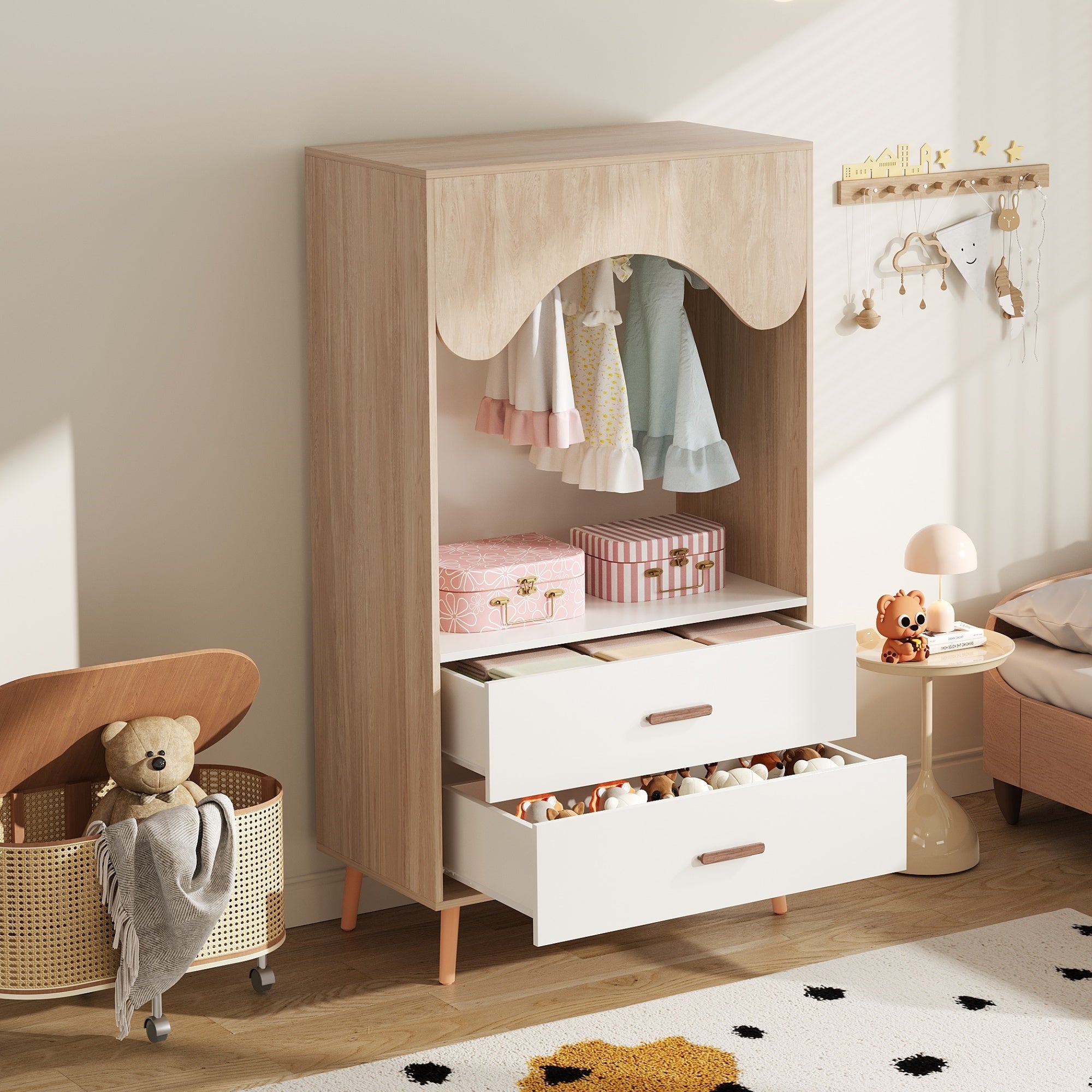 Children's Wardrobe Clothes Rail Drawers Open Storage, White Natural Wood Chipboard